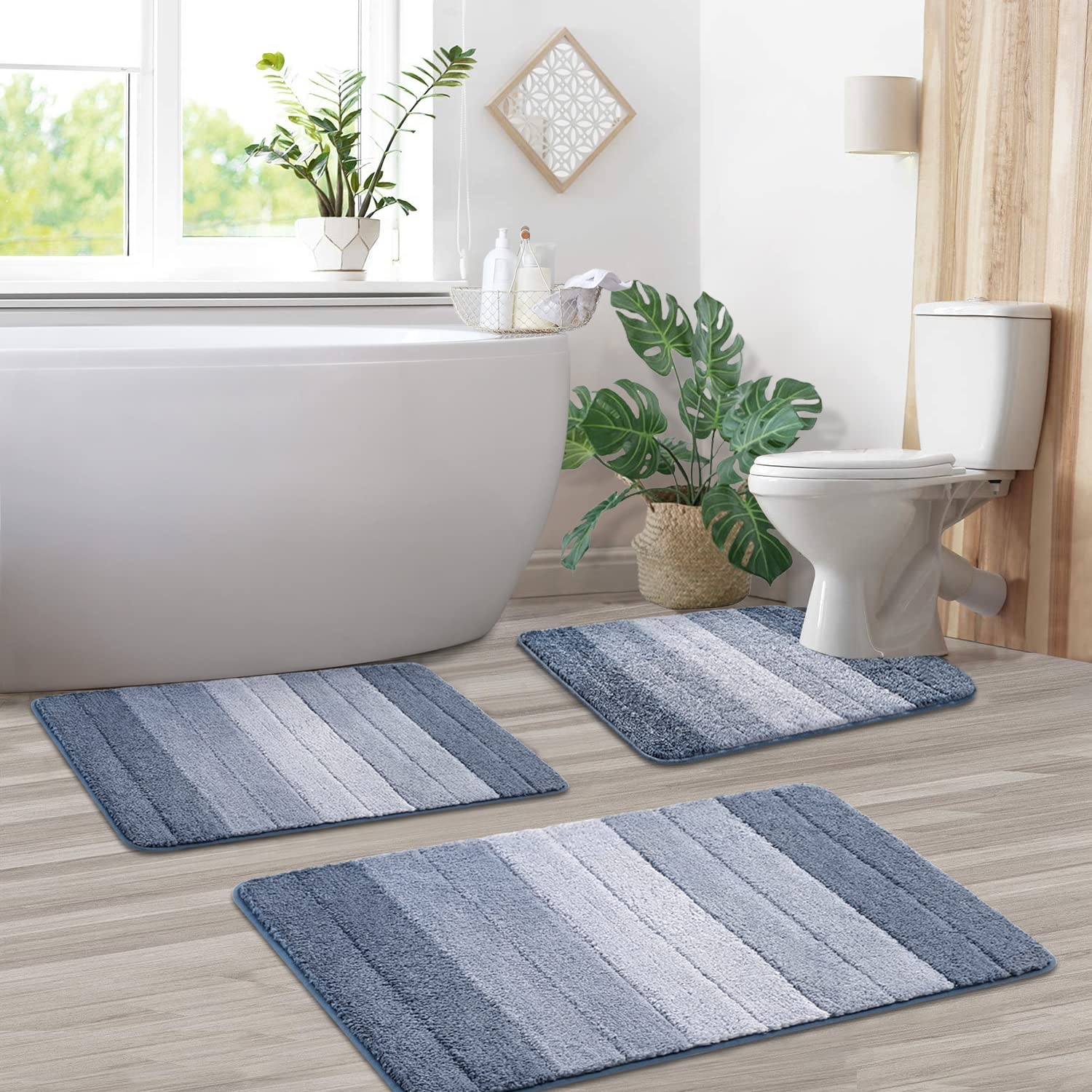 Kmson 3 Pcs Ombre Bathroom Rugs Set With U-Shaped Mat, Non Slip,Quick Drying, Ultra Soft And Water Absorbent Bath Carpet For Bed