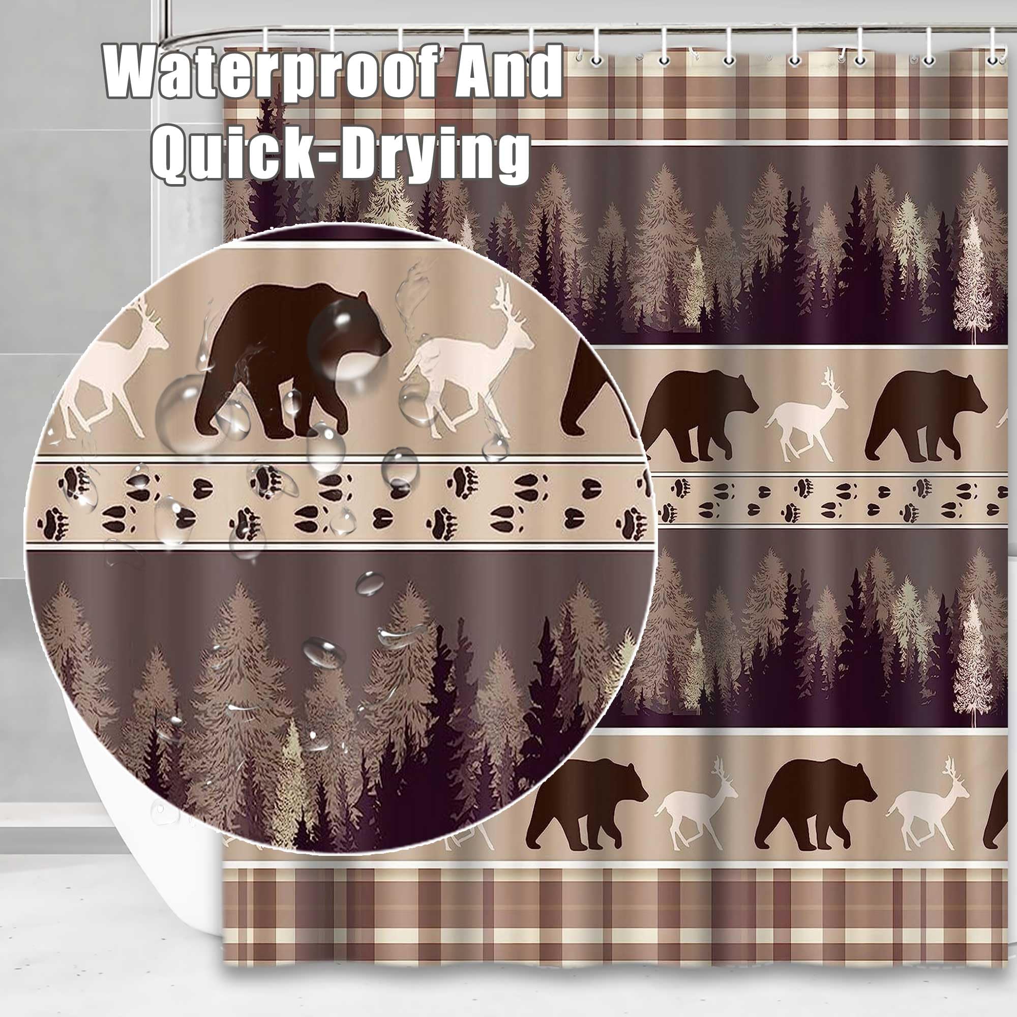 Lacoiime Cabin Shower Curtain, Rustic Woodland Forest Deer Bear Shower Curtain Set For Bathroom, Romantic Brown Abstract Bathroo