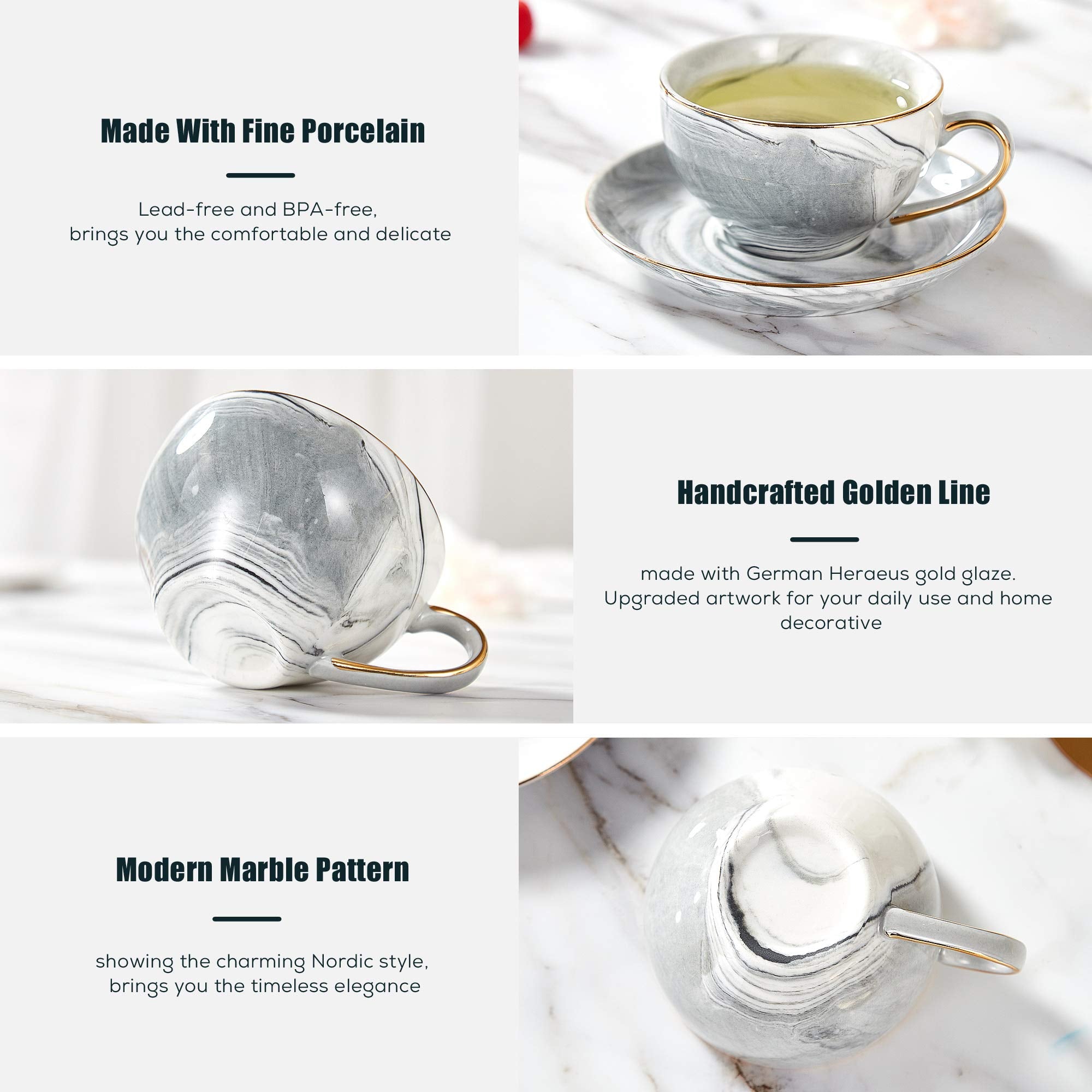 Dujust 21 Pcs Small Tea Set Of 6, Gray Marble Texture With Handcraft Golden Trim, Fine Porcelain Tea Pot Set For Kids&Adults, 1
