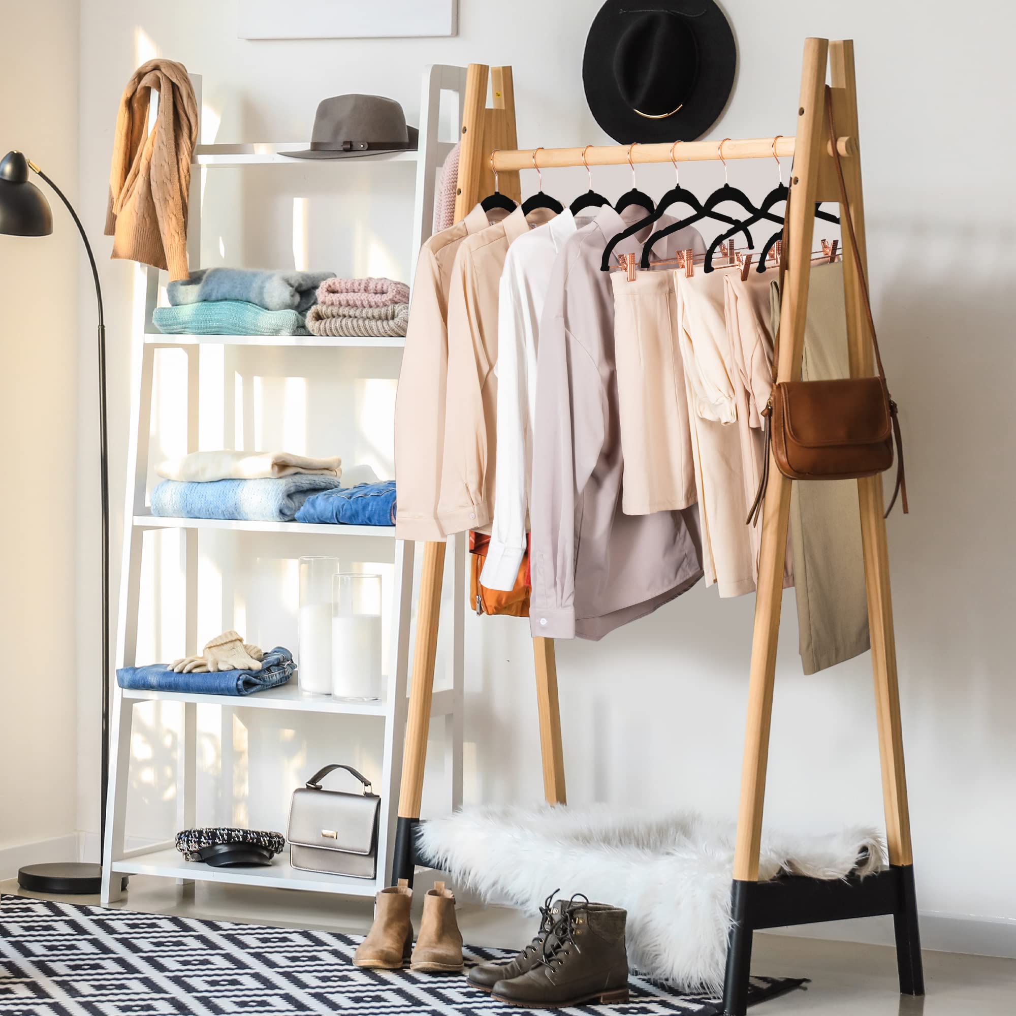 House Day Velvet Pants Hangers With Clips 24 Pack, Ultra Thin Non Slip Velvet Skirt Hangers With Rose Gold Hooks Space Saving Cl