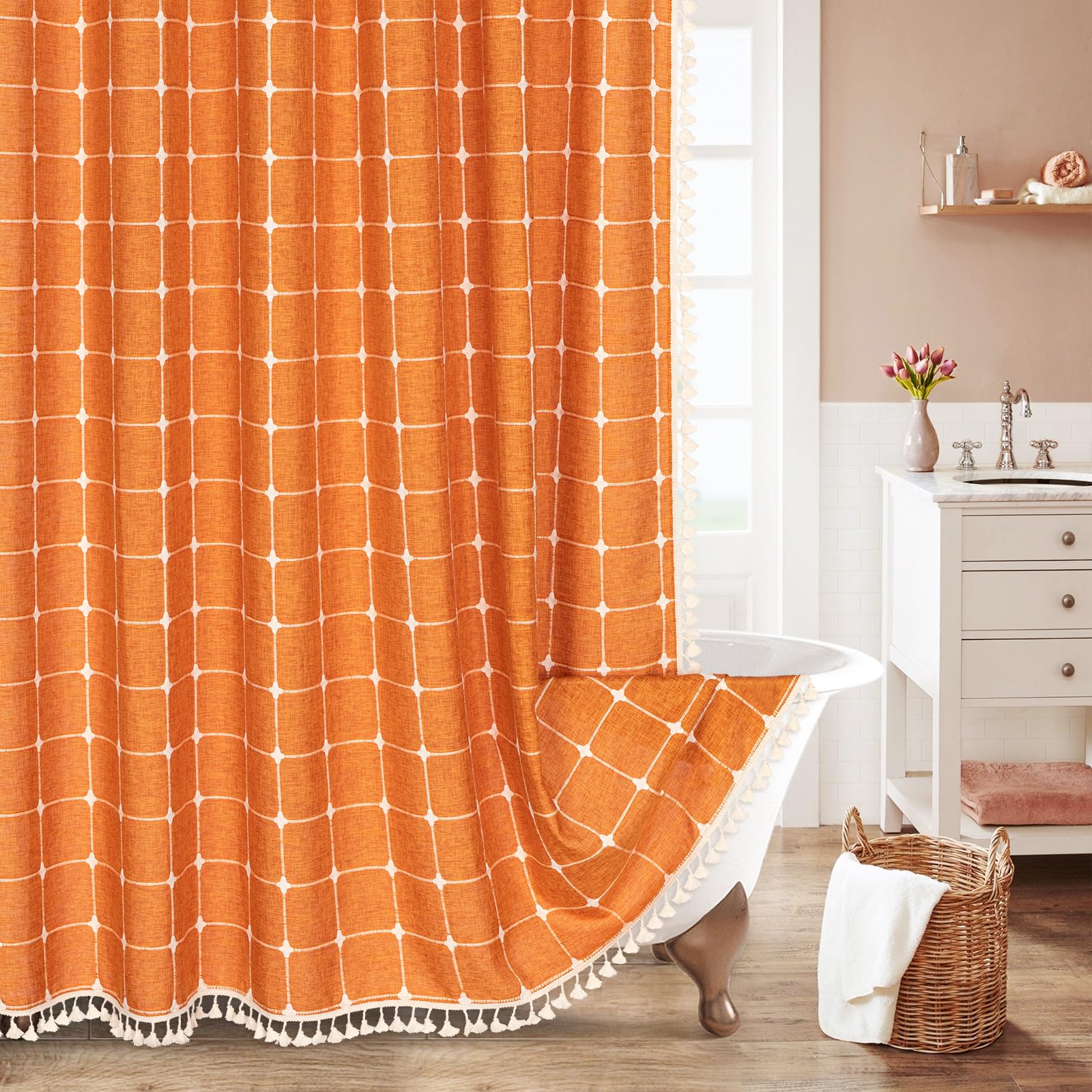 Mitovilla Boho Small Stall Shower Curtain 36 X 72, Orange Narrow Cotton Linen Fabric Shower Curtains For Farmhouse Bathroom Deco