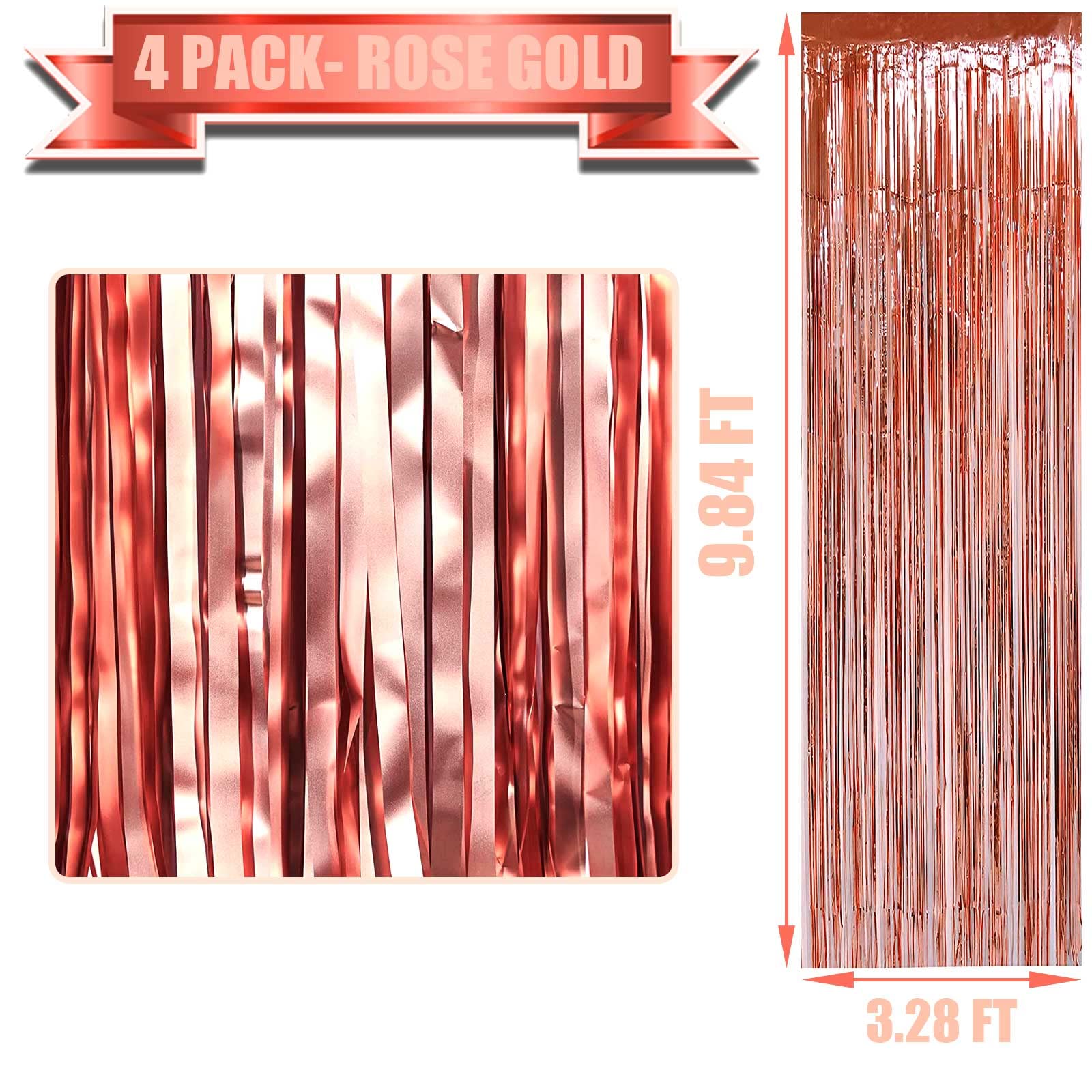 Halloweendecorate 4 Pack Rose Gold Foil Fringe Curtain Backdrop, 3.28Ft X 9.84Ft Metallic Tinsel Foil Fringe Streamers Curtains