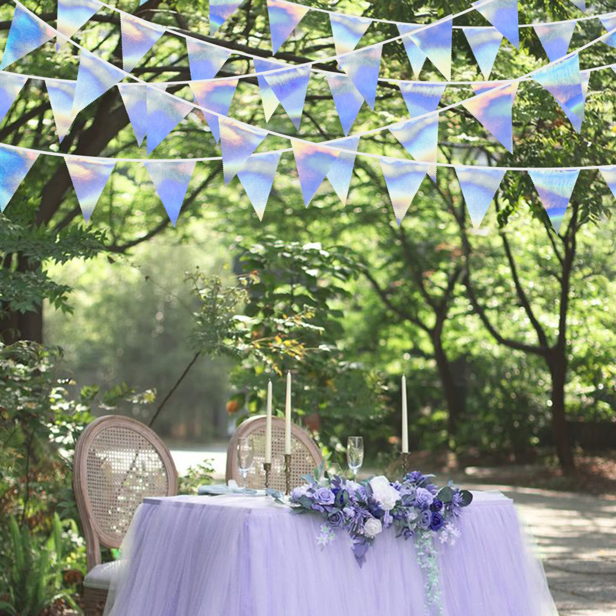 33Ft Iridescent Party Decoration Holographic Fabric Triangle Pennant Banner Flag Cotton Bunting Garland For Birthday Wedding Bri