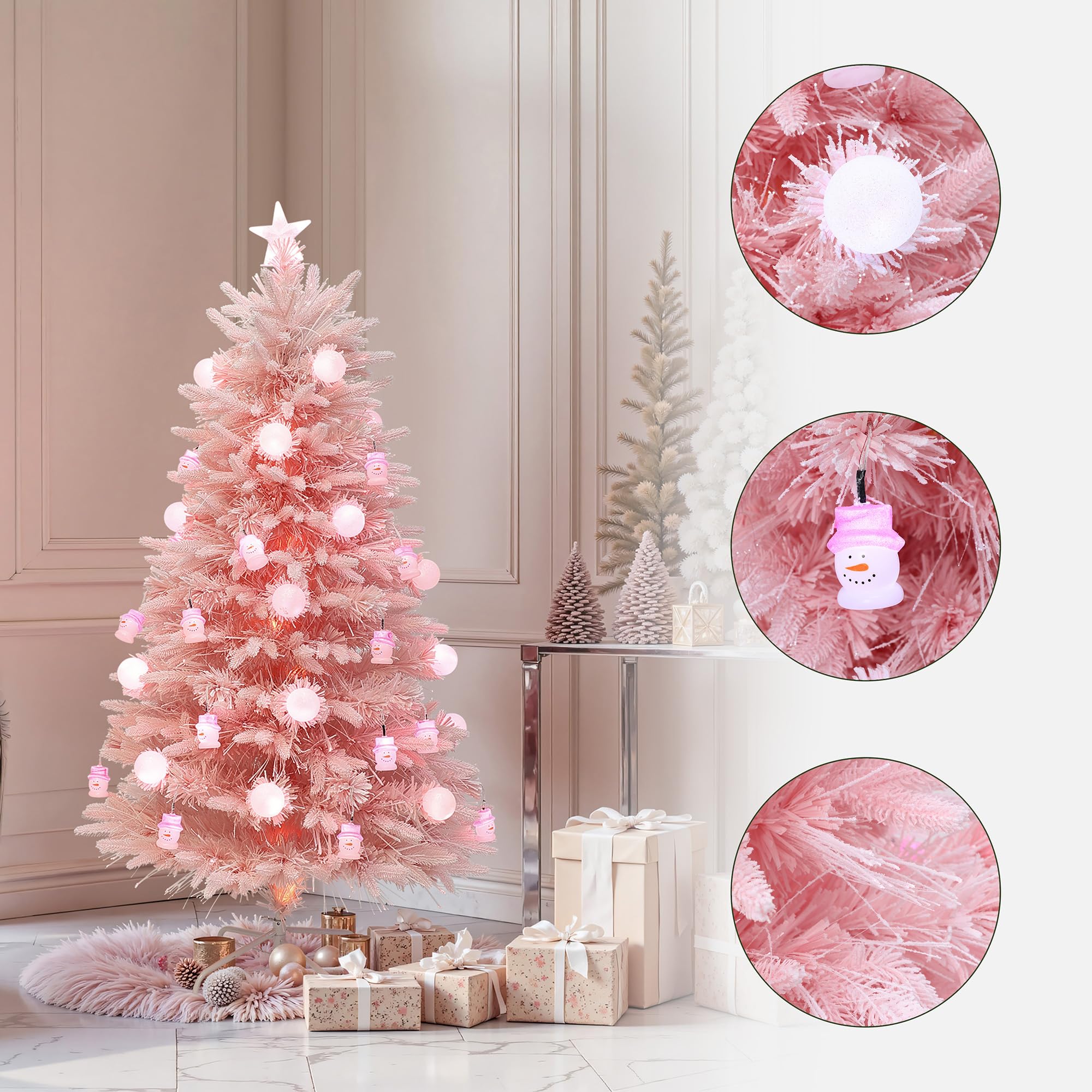 LuxenHome 5FT Pink Christmas Tree with Lights, Plug-in Prelit Christmas Tree with 13 Light Modes Globe Lights and Snowman LED Or