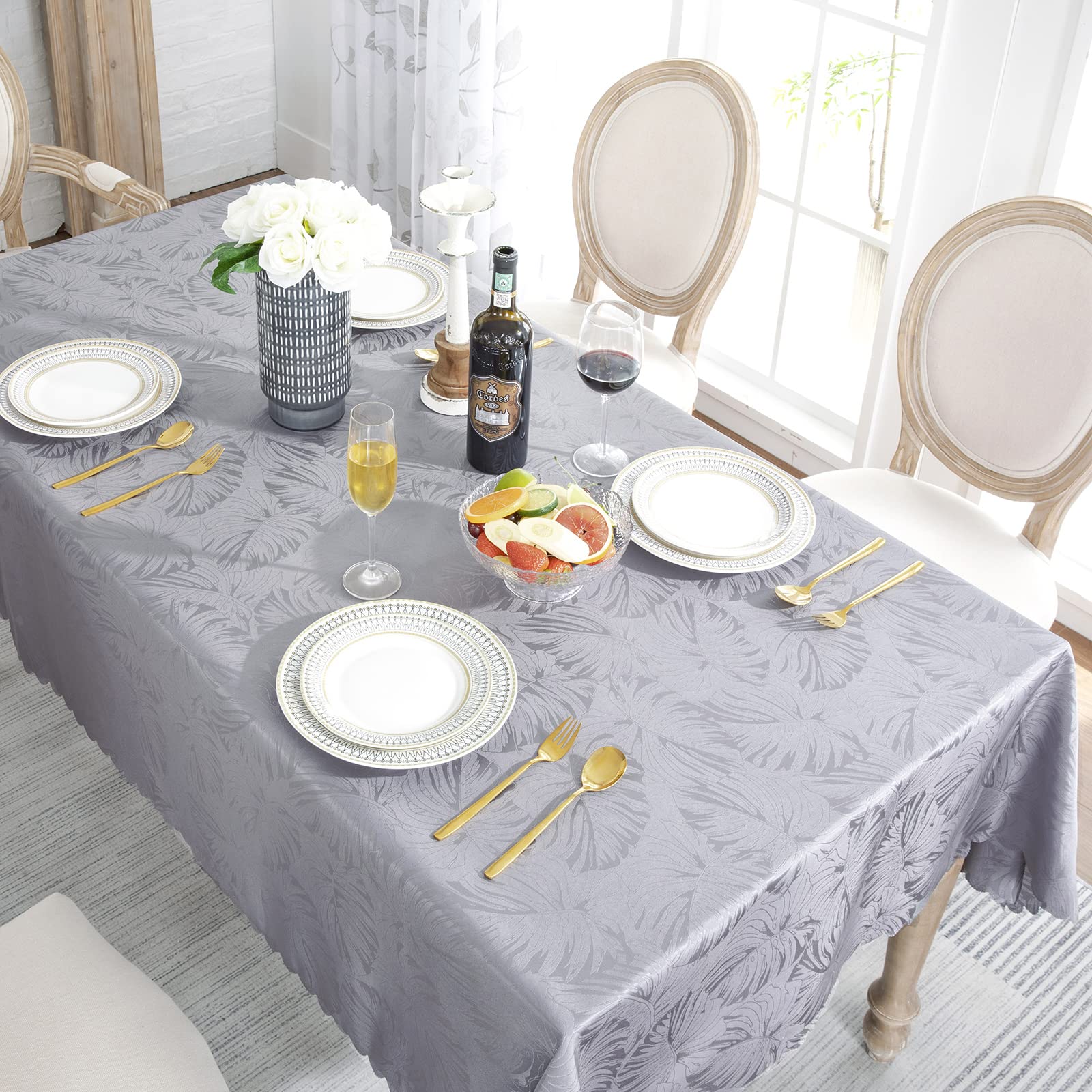 Efficinature Rectangle Tablecloths 60X84 Inch Waterproof Washable Grey Oblong Table Clothes For 6 Foot Tables Leaves Pattern Sil