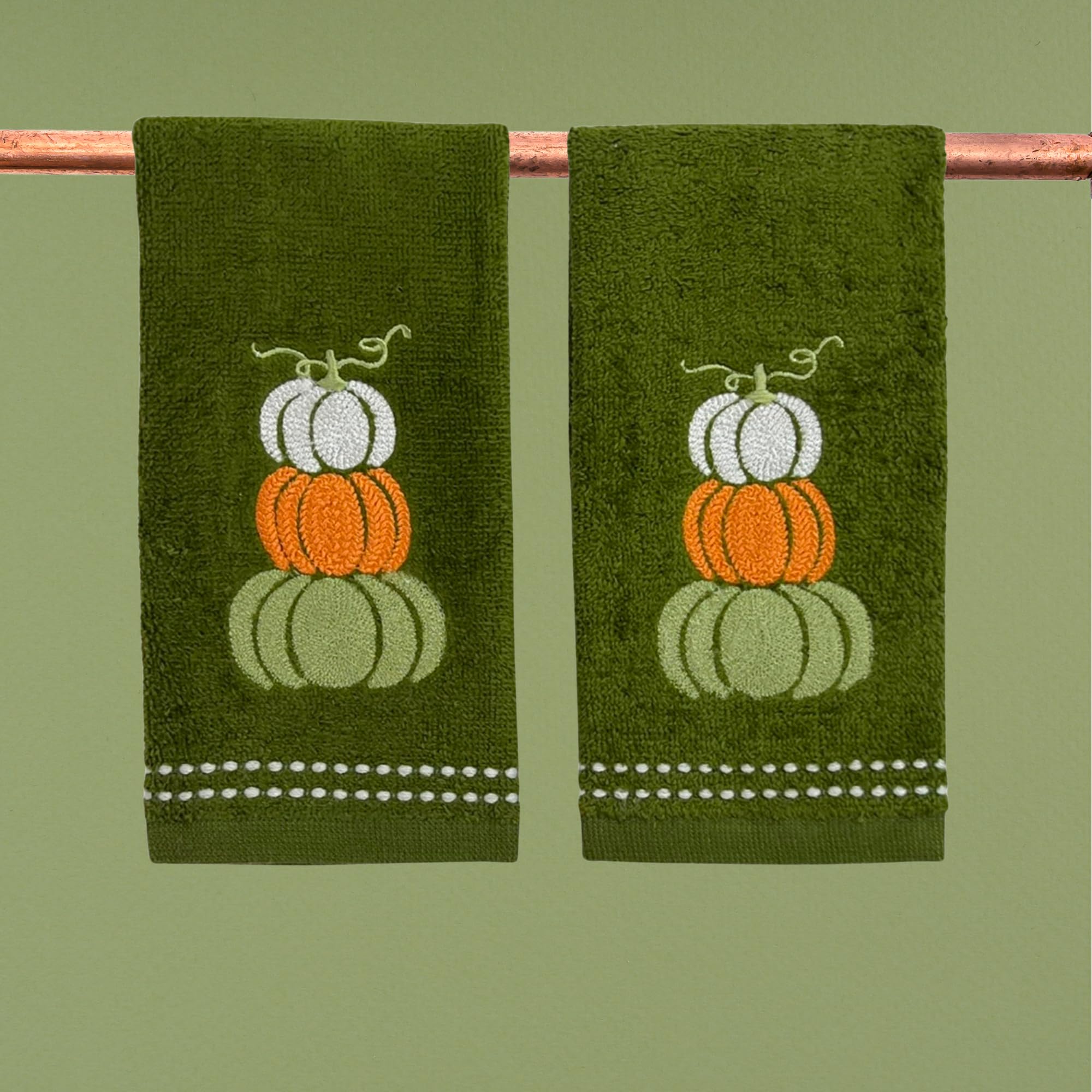 Serafina Home Autumn Fall Bath Fingertip Towels, Forest Olive Dark Green, 100% Cotton, Embroidered Stacked Pumpkin Design, 2 Pie