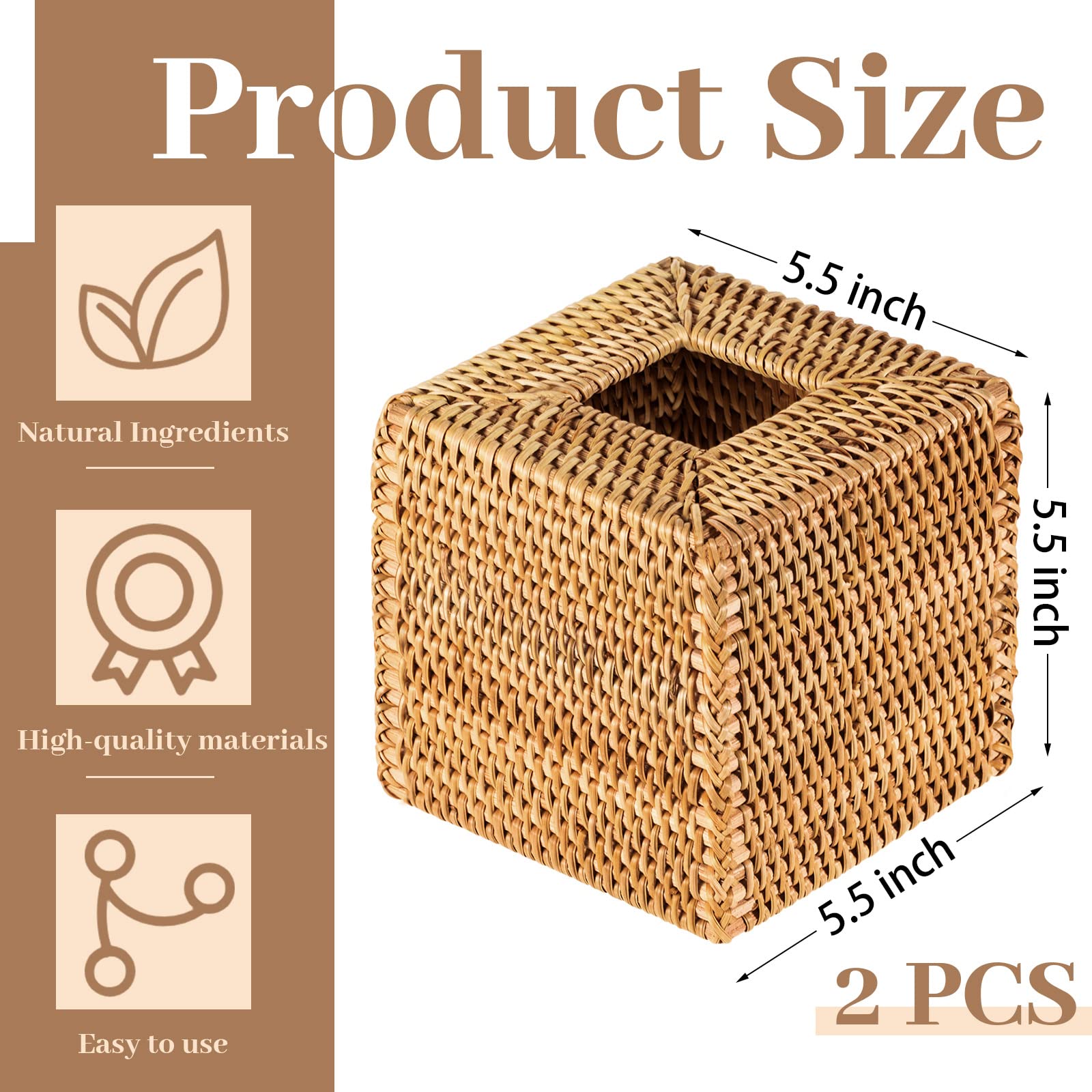 Kigley 2 Pcs Square Rattan Tissue Box Cover Boho Wicker Tissue Cube Box Cover Decorative Natural Wicker Hand Woven Napkin Box Ho