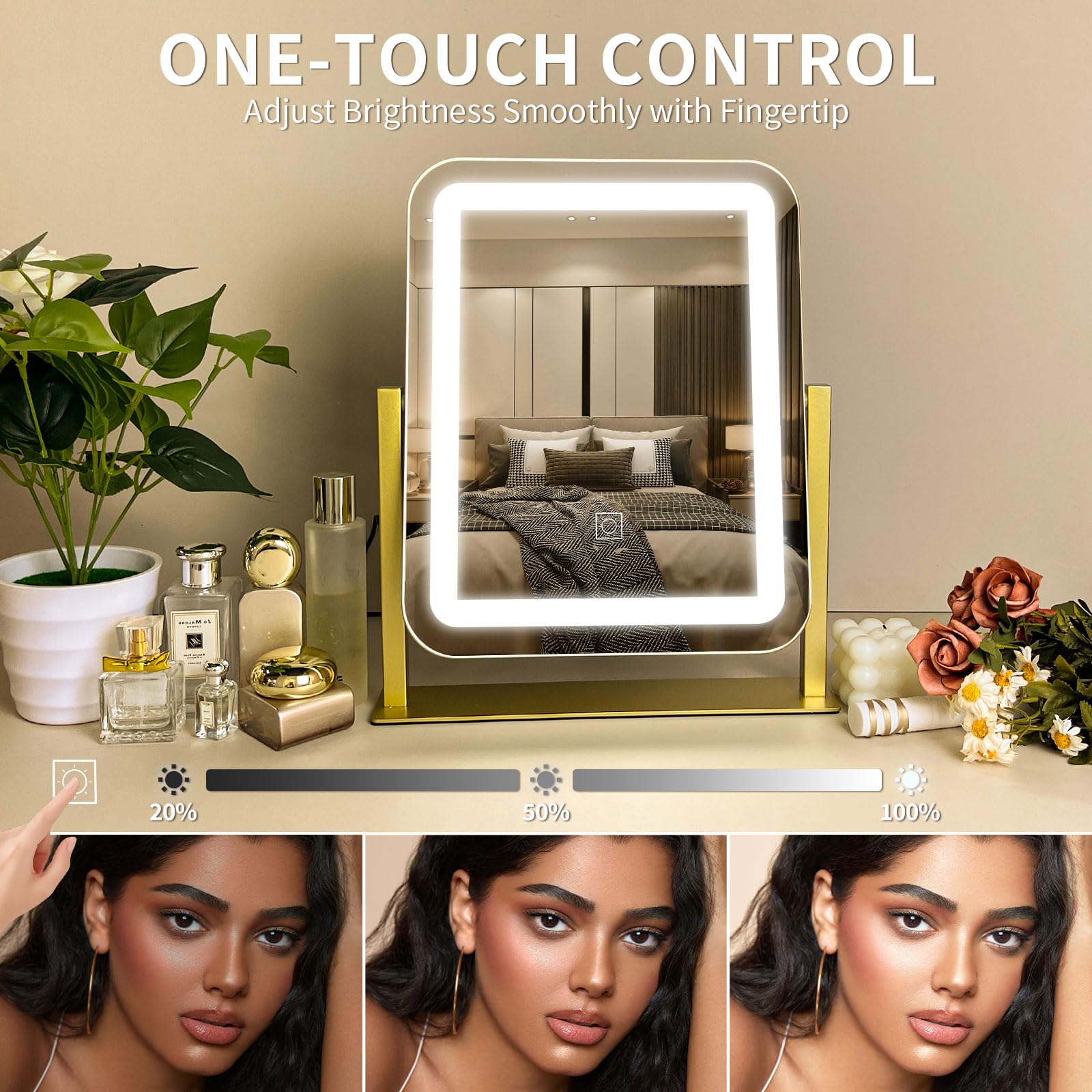 HNV Vanity Mirror with Lights - 15 x13  LED Lighted Makeup Mirror, Dimmable Touch Screen with 3-Color Lighting, 360 Rotation, Go