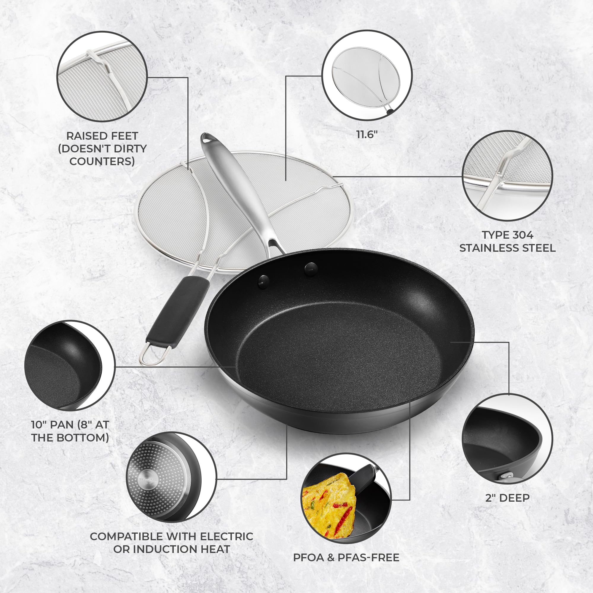 Frying Pans Nonstick - 10'' Non Stick Frying Pan With Lid Splatter Screen - Lightweight Aluminum Fry Pan Skillet Includes Spatul
