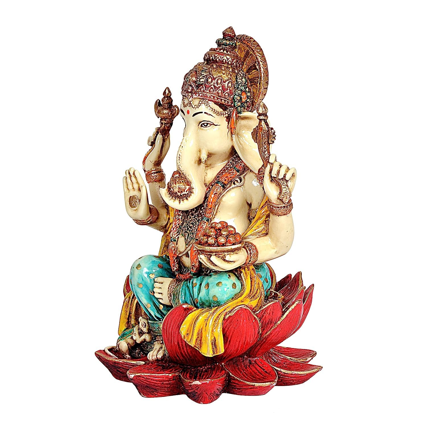 Aona Polyresin Ganesha Statue Idol Murti On Lotus For Temple Home Decor | Height : 7 Inches (Orange)