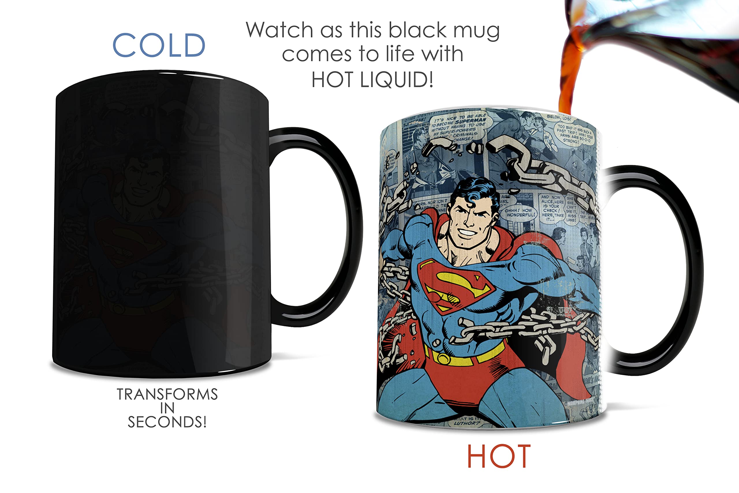 Morphing Mugs Dc Comics - Superman - Retro Comic Book Logo - One 11 Oz Color Changing Heat Sensitive Ceramic Mug - Image Reveale