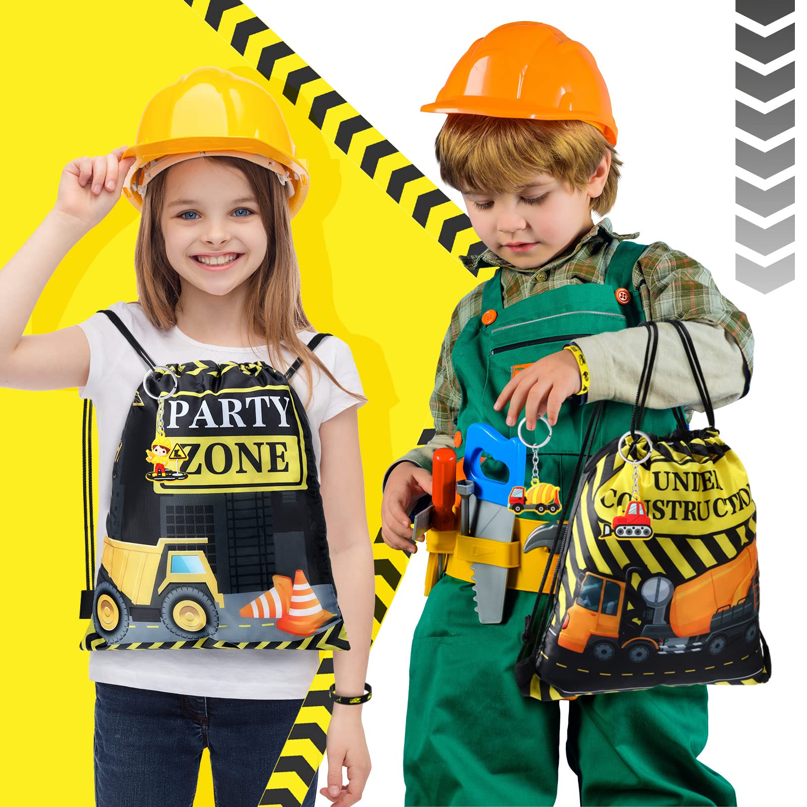 Hungdao 48 Pcs Construction Party Favors 16 Construction Party Drawstring Bags Construction Goodie Bag 16 Construction Wristband