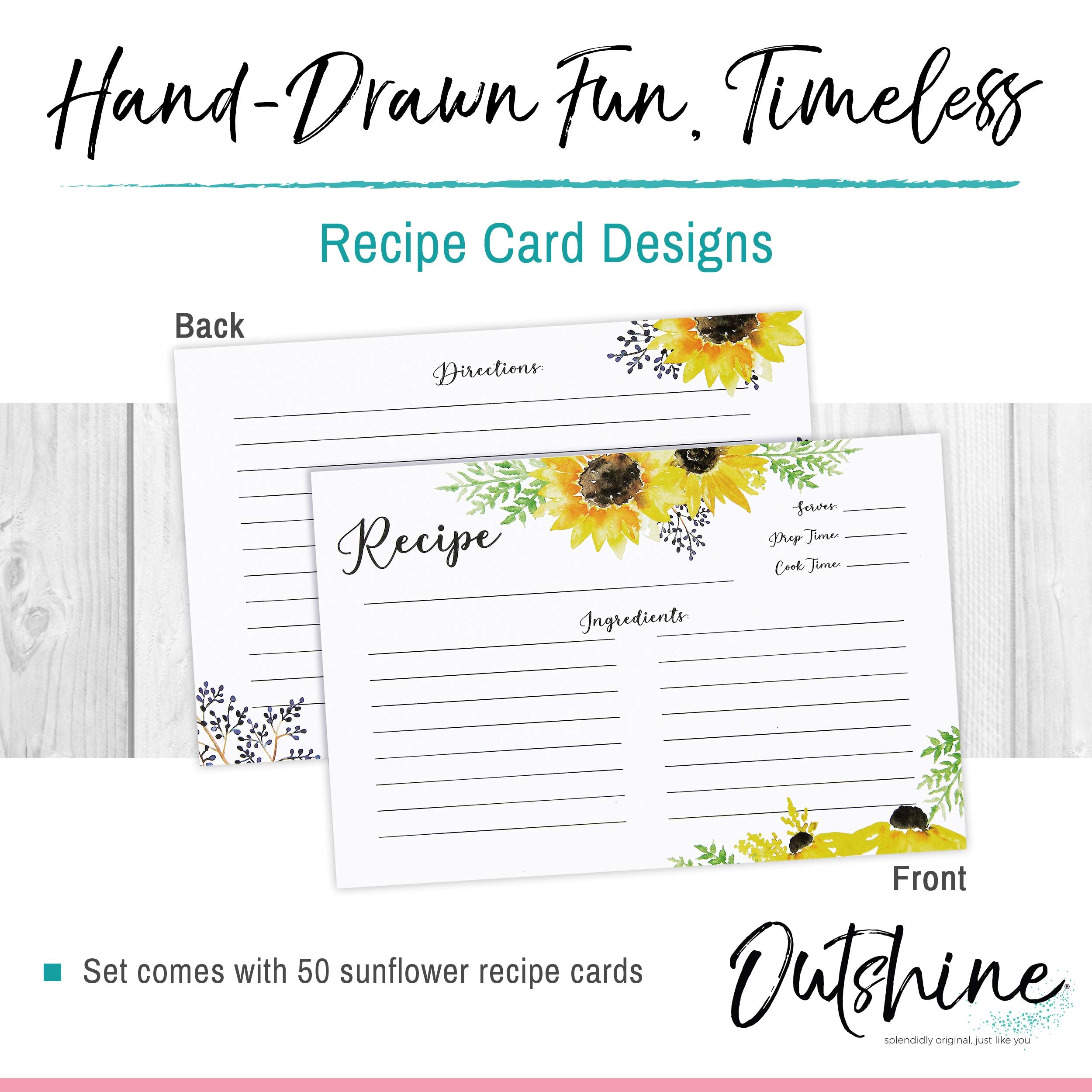 Outshine Premium Recipe Cards 4x6 Inches  Sunflower Design (Set of 50) | No-Smear Double Sided Cardstock | Bulk Blank Recipe Cards for Recipe Box 4x6 | Recipe Cards for Bridal Shower | Gift for Mom