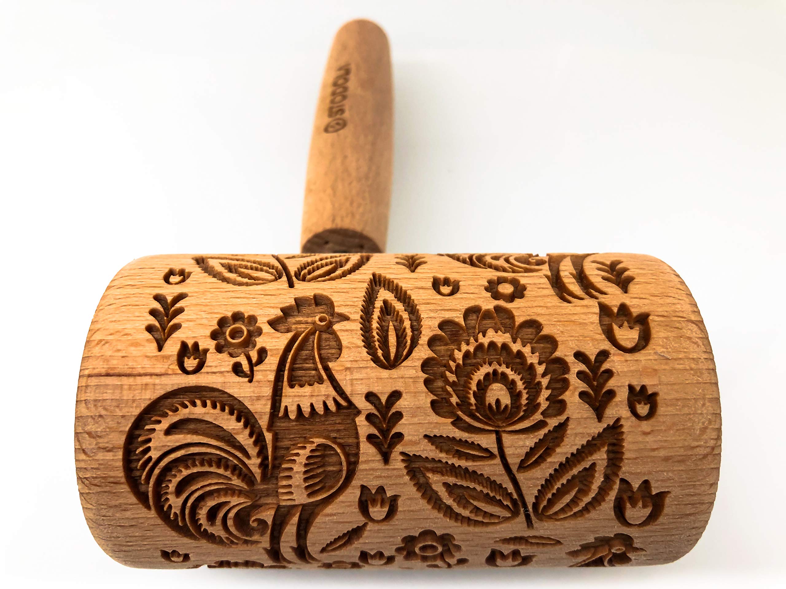 Engraved Mini Rolling Pin With Pattern For Embossed Cookies (Folk Rooster)