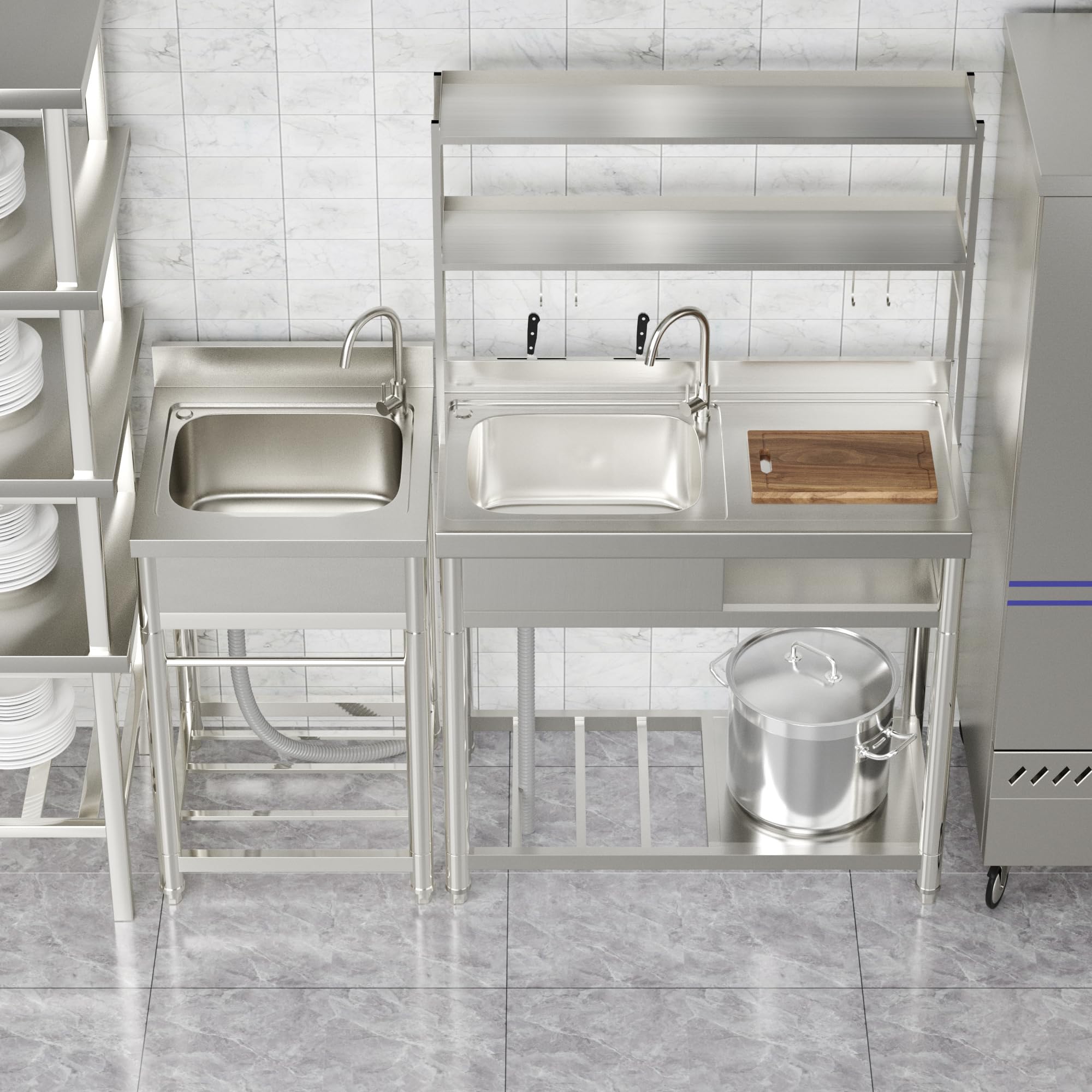Roomtec 304 Stainless Steel Utility Sink Set, Single Bowl Commercial Sink With Drainboard And Hanging Tools For Kitchen, Garage,