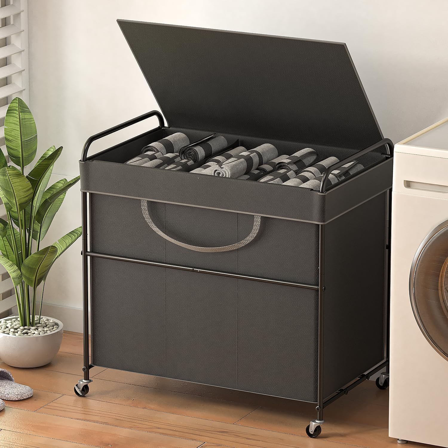 Ykdirect 180L Large Laundry Hamper, 3-Section Laundry Basket With Lid, Removable Bag & Metal Structure With Industrial Wheels, S