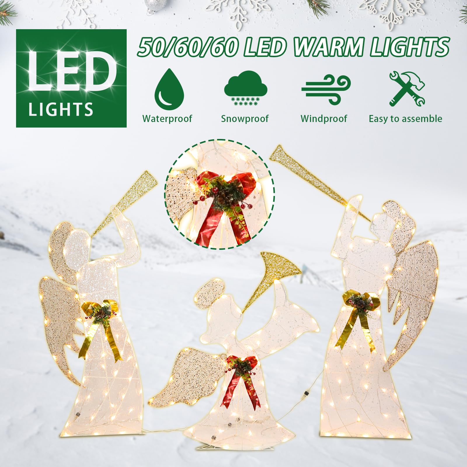 Outdoor Christmas Angel Decoration Christmas Lighted 3 Angels Playing Trumpet with Holly Berries Decoration for Xmas Home Pathwa
