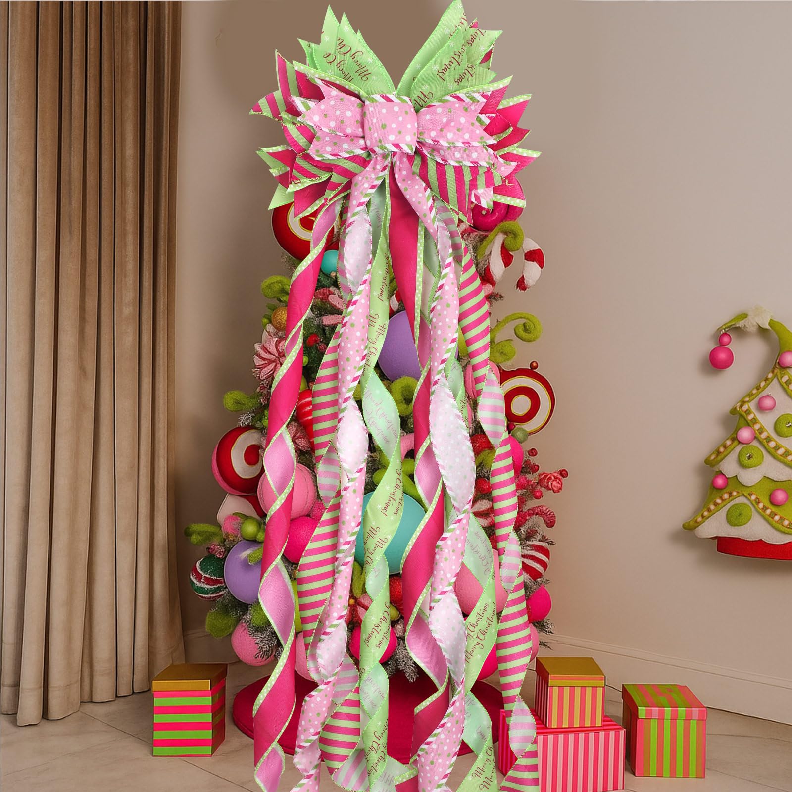 FineCheer Green and Pink Christmas Tree Topper Wreath Bow Large Christmas Bow Pink Tree Topper for Xmas Ornament Family Wedding