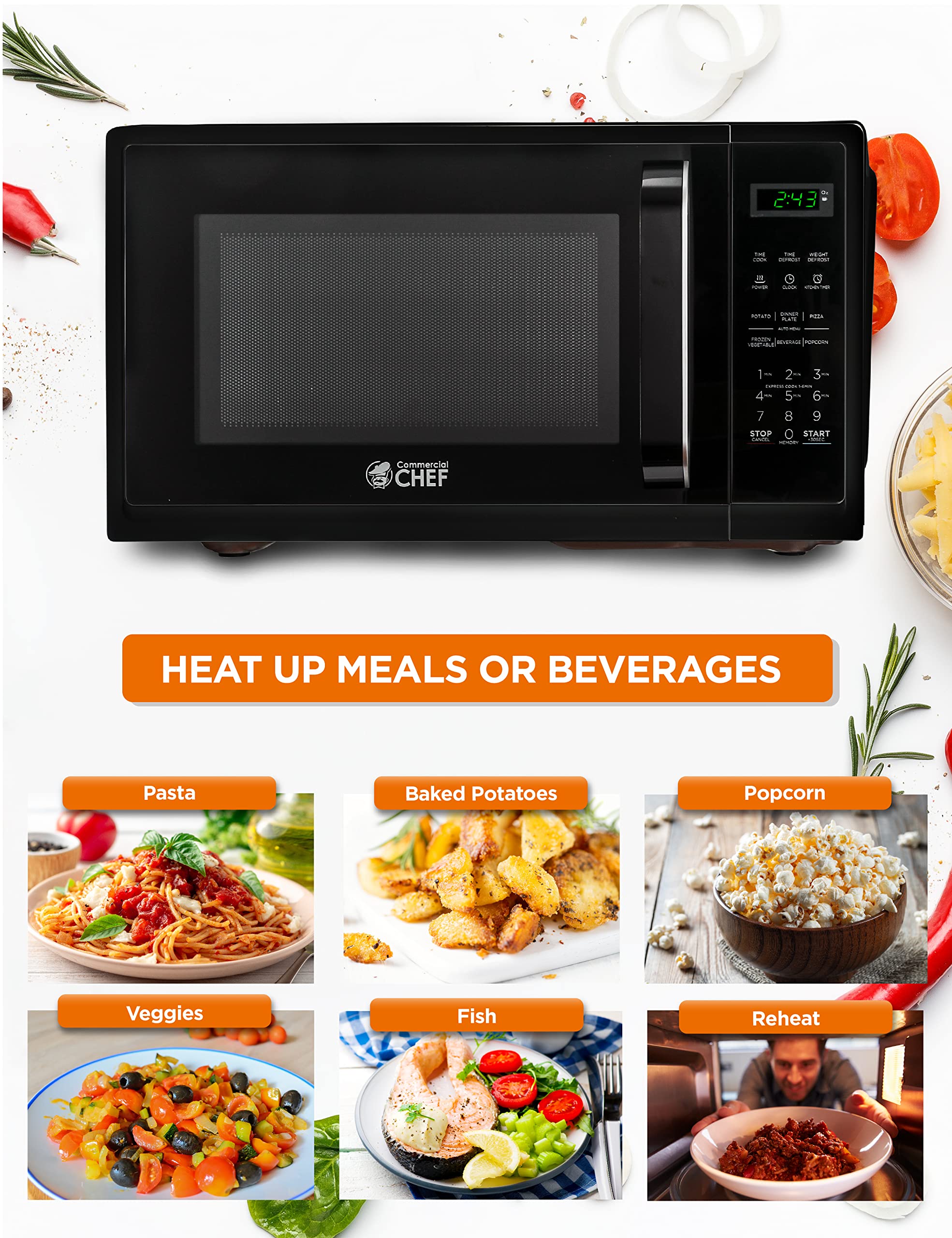 Commercial Chef 0.9 Cubic Foot Microwave With 10 Power Levels, Small Microwave With Grip Handle, 900W Countertop Microwave With