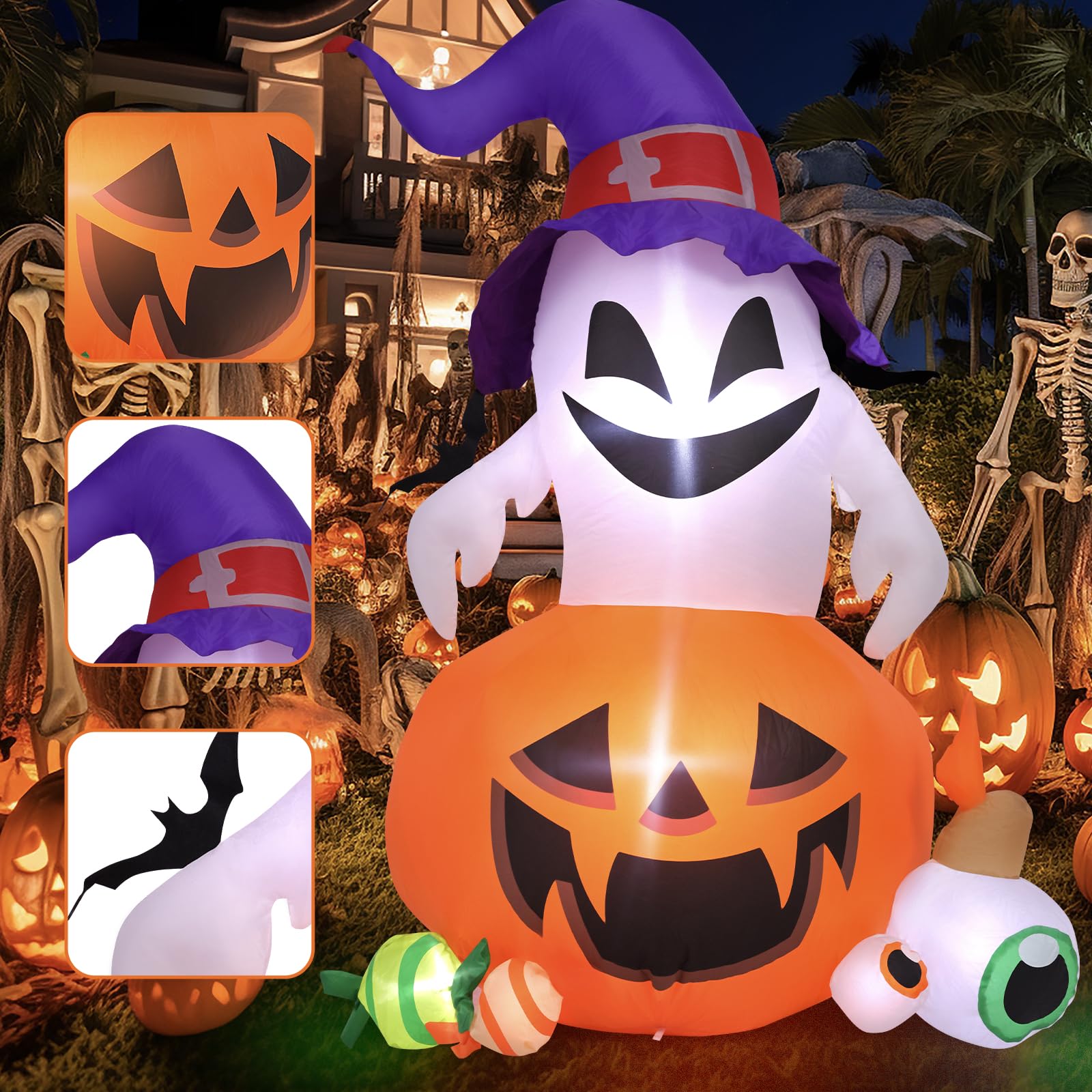 5FT Halloween Inflatable Outdoor Decoration Pumpkin Ghost with Built-in LEDs Blow Up for Halloween Party Holiday Indoor Outdoor