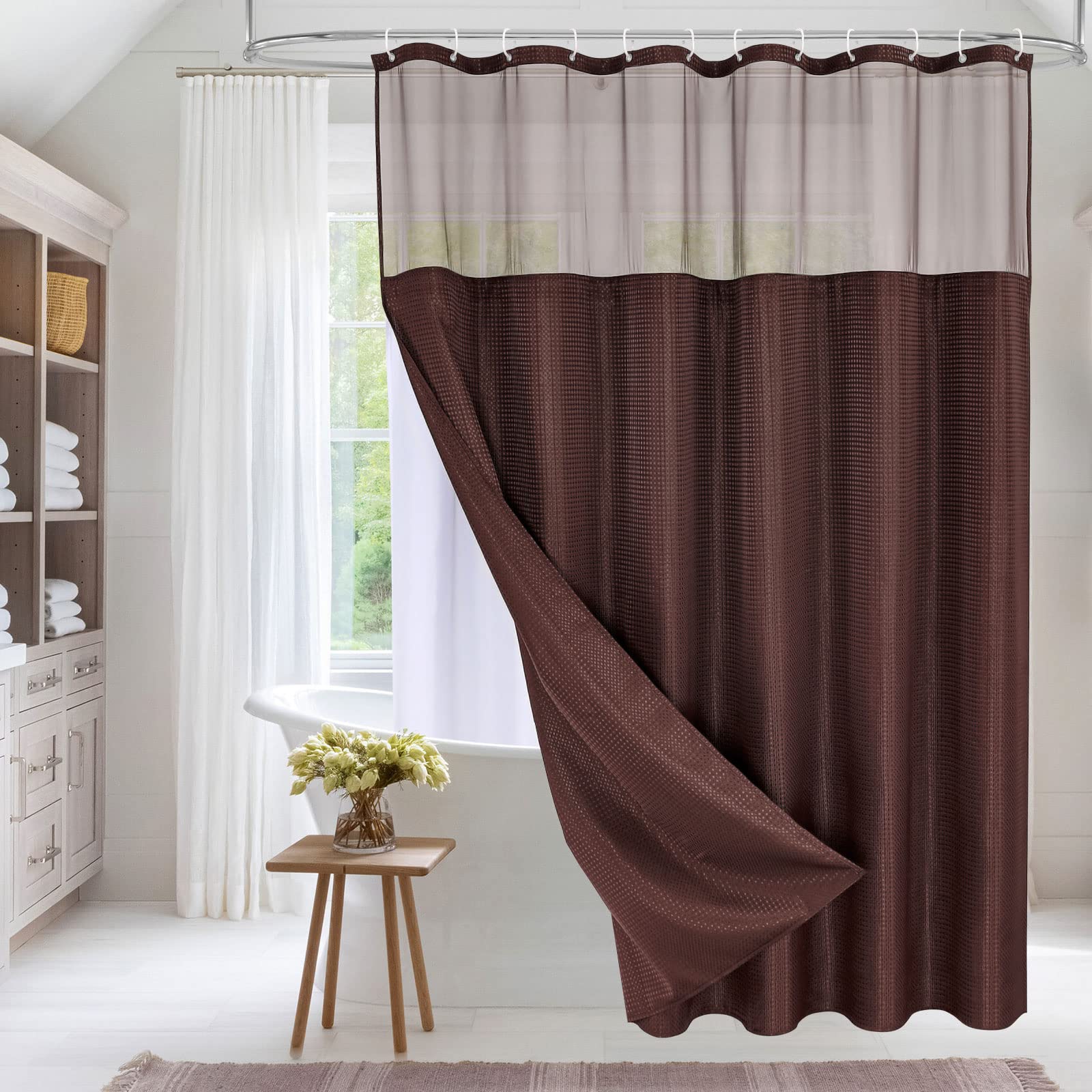 Mitovilla Brown Waffle Shower Curtain Set With Snap-In Liner, Modern Waffle Weave Heavyweight Fabric Shower Curtain For Luxury N