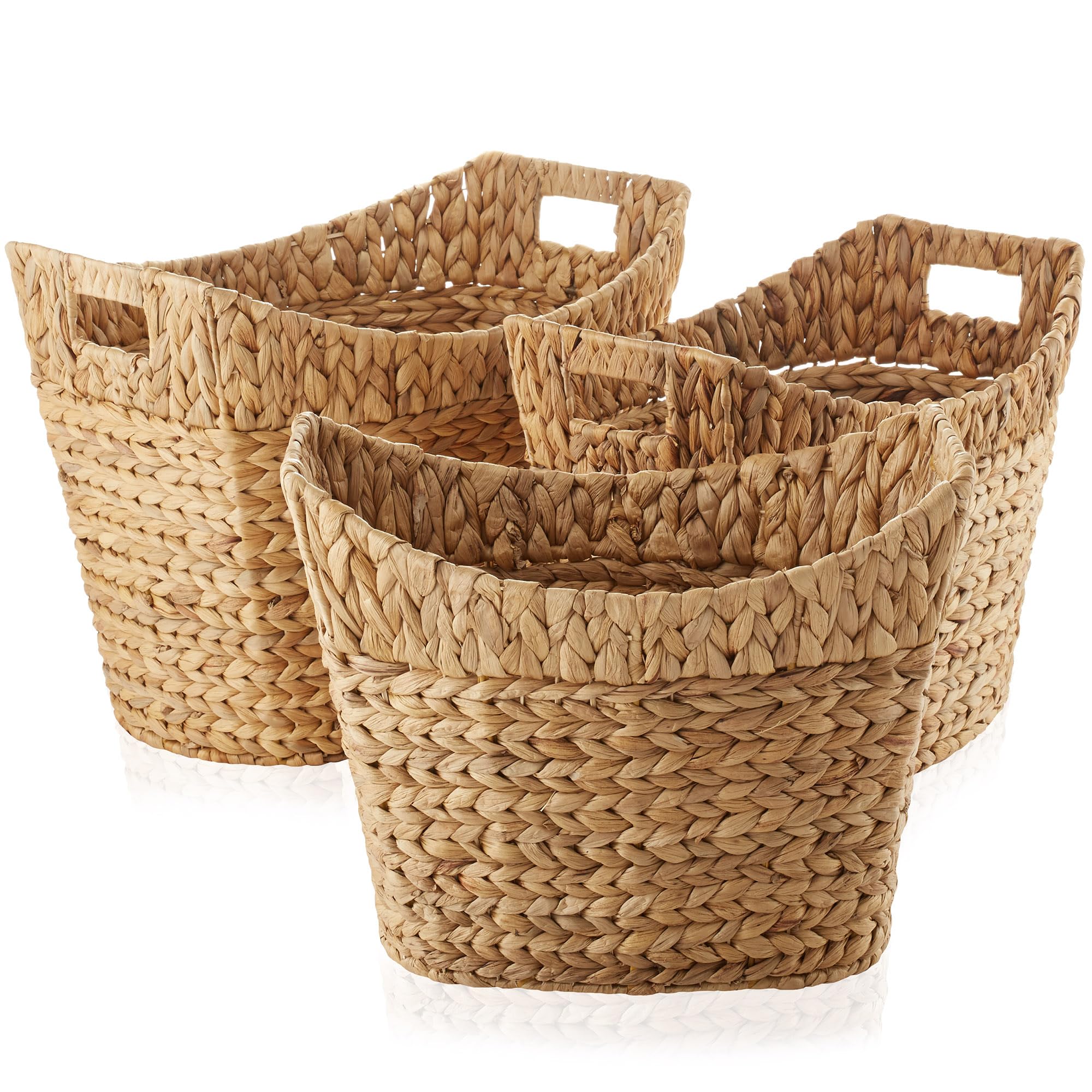 Casafield Set Of 3 Stackable Oval Laundry Baskets With Handles - Natural, Woven Water Hyacinth Storage Totes For Throw Blankets,
