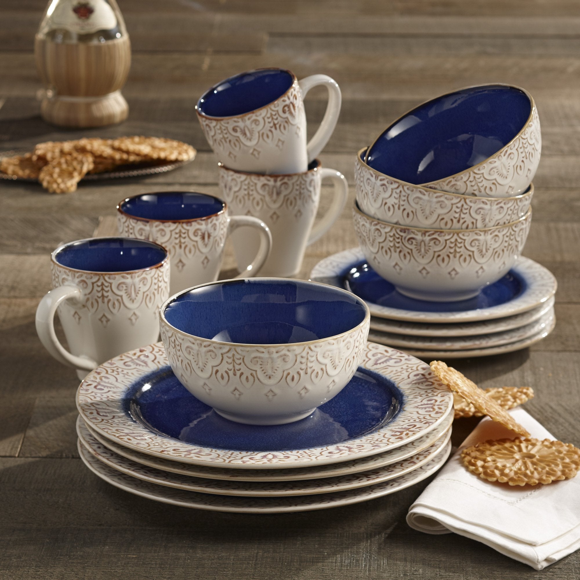 American Atelier Round Dinnerware Sets | Blue Kitchen Plates, Bowls, and Mugs | 16 Piece Stoneware Granada Collection | Dishwash