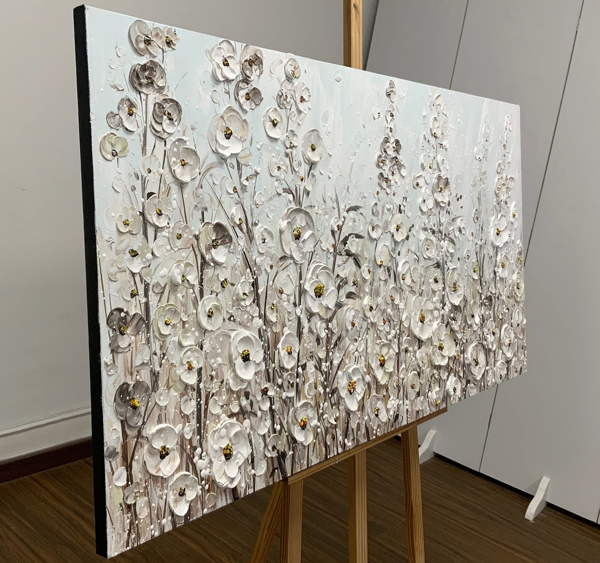 Yotree 24X48 Inch Wall Art Hand-Painted Framed White Flowers Oil Painting On Canvas Gallery Wrapped Modern Floral Artwork For Li
