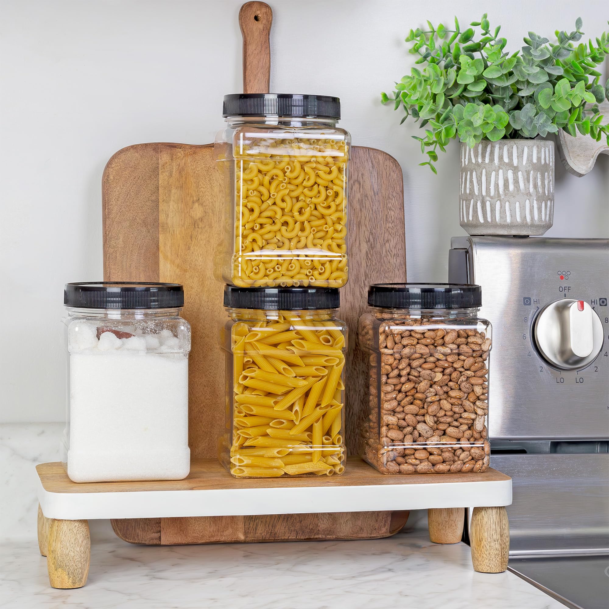 32oz Square Plastic Jars (4-Pack  Quart); Clear Rectangular 4-Cup Canisters w/Black Lids  Easy-Grip Side
