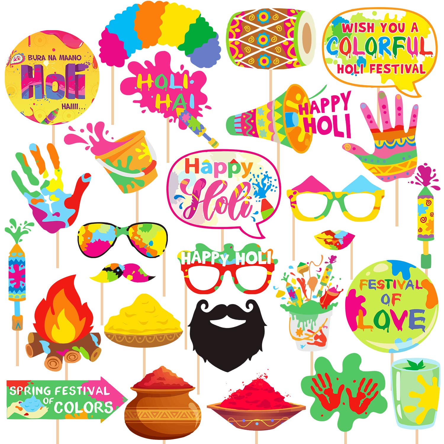 Zyozique Holi Festival Photo Props Happy Spring Indian Color Festival Photo Booths, Holi Bollywood Party Supplies, 27 PCS