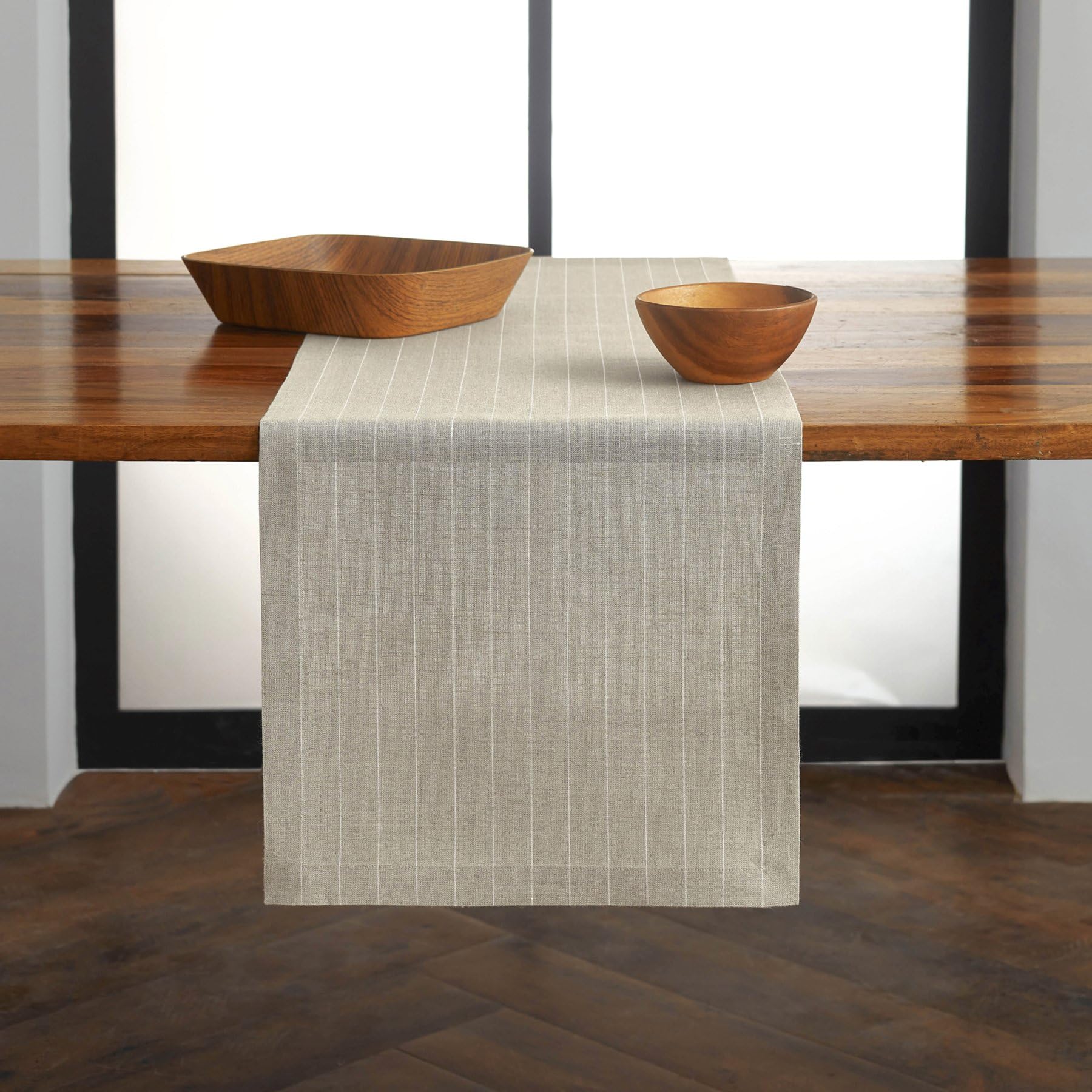 Solino Home Pinstripe Linen Natural And White Table Runner 108 Inches Long - 100% Pure Linen Dining Table Runner 18 X 108 Inch I