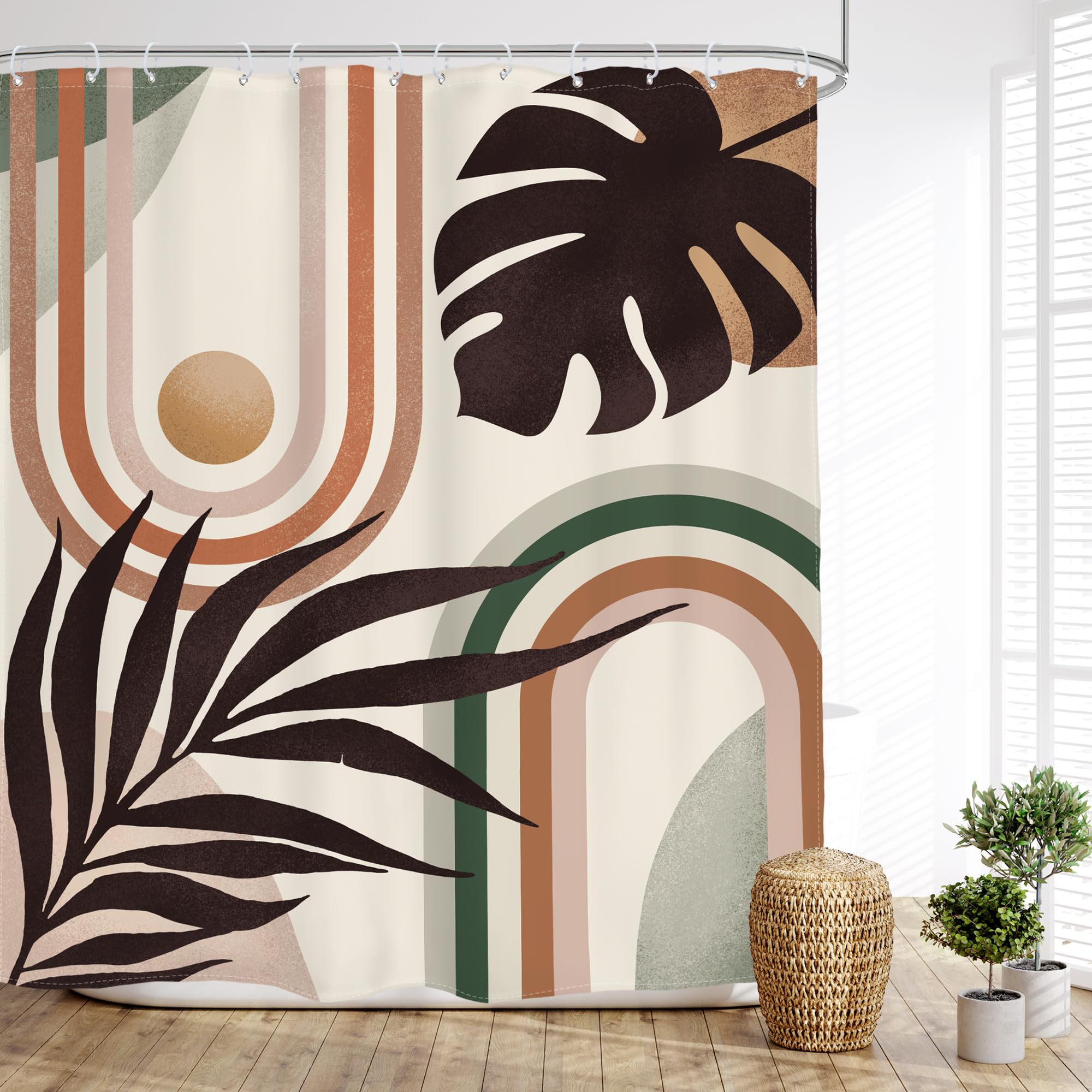 Glawry Boho Mid Century Shower Curtain Abstract Tropical Plant Minimalist Bohemian Botanical Palm Leaf Bathroom Modern Geometric