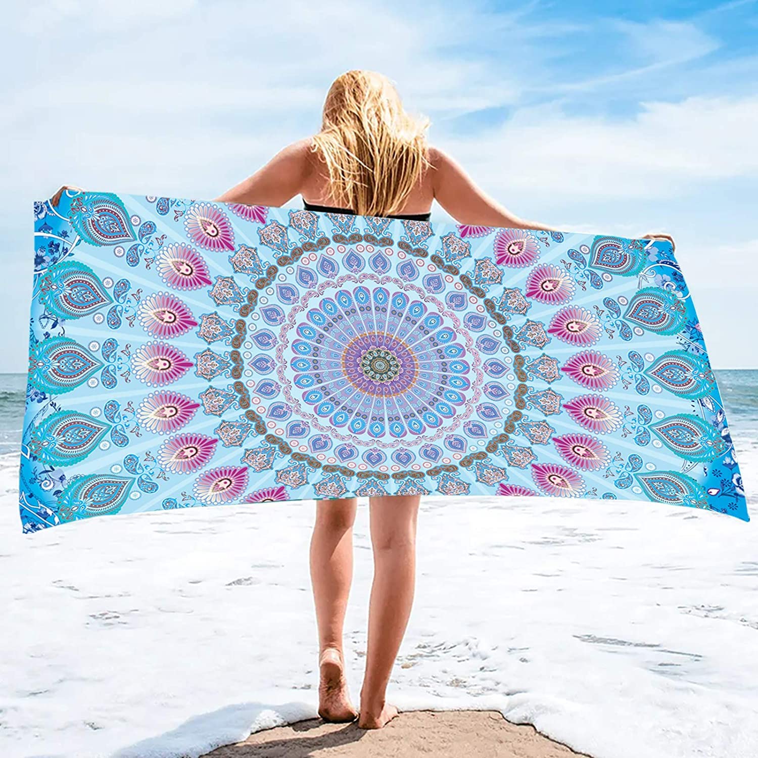 Bonsai Tree Mandala Beach Towel, Indian Hippie Boho Microfiber Bath Towel For Women, Bohemian Blue Sand Free Quick Dry Travel To