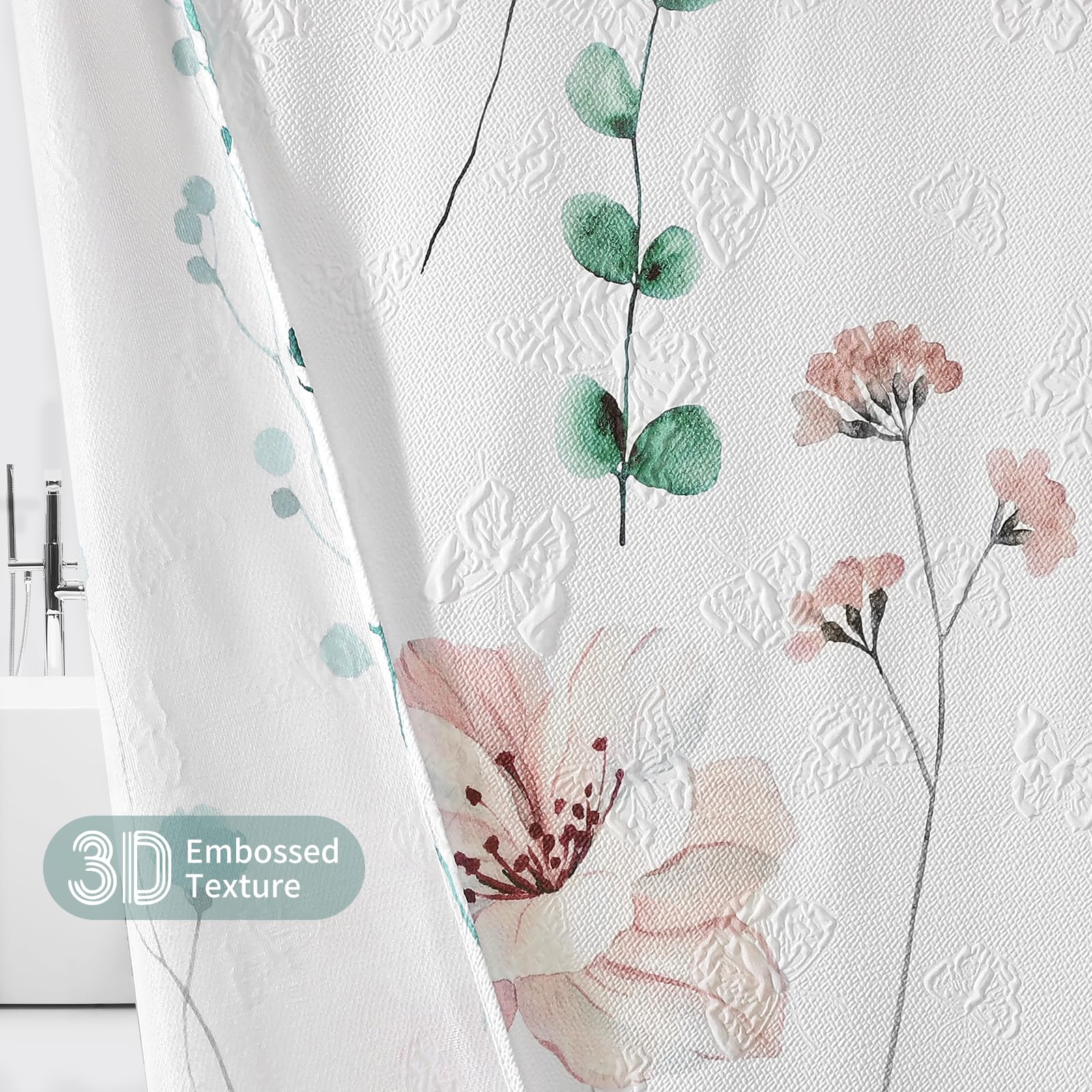 Qiyi Watercolor Floral Shower Curtain, 3D Embossed Butterflies Sage Green Flower Bathroom Curtain, Minimalist White Cloth Bath C