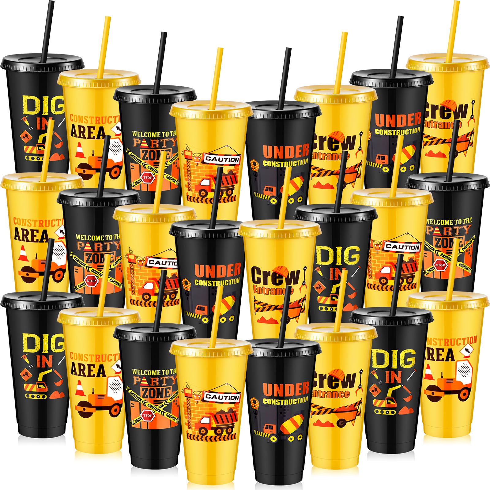 Uiifan 24 Pcs Plastic Construction Cups 24oz Construction Themed Party Favors Reusable Tumbler with Lid and Straw for Party Supp