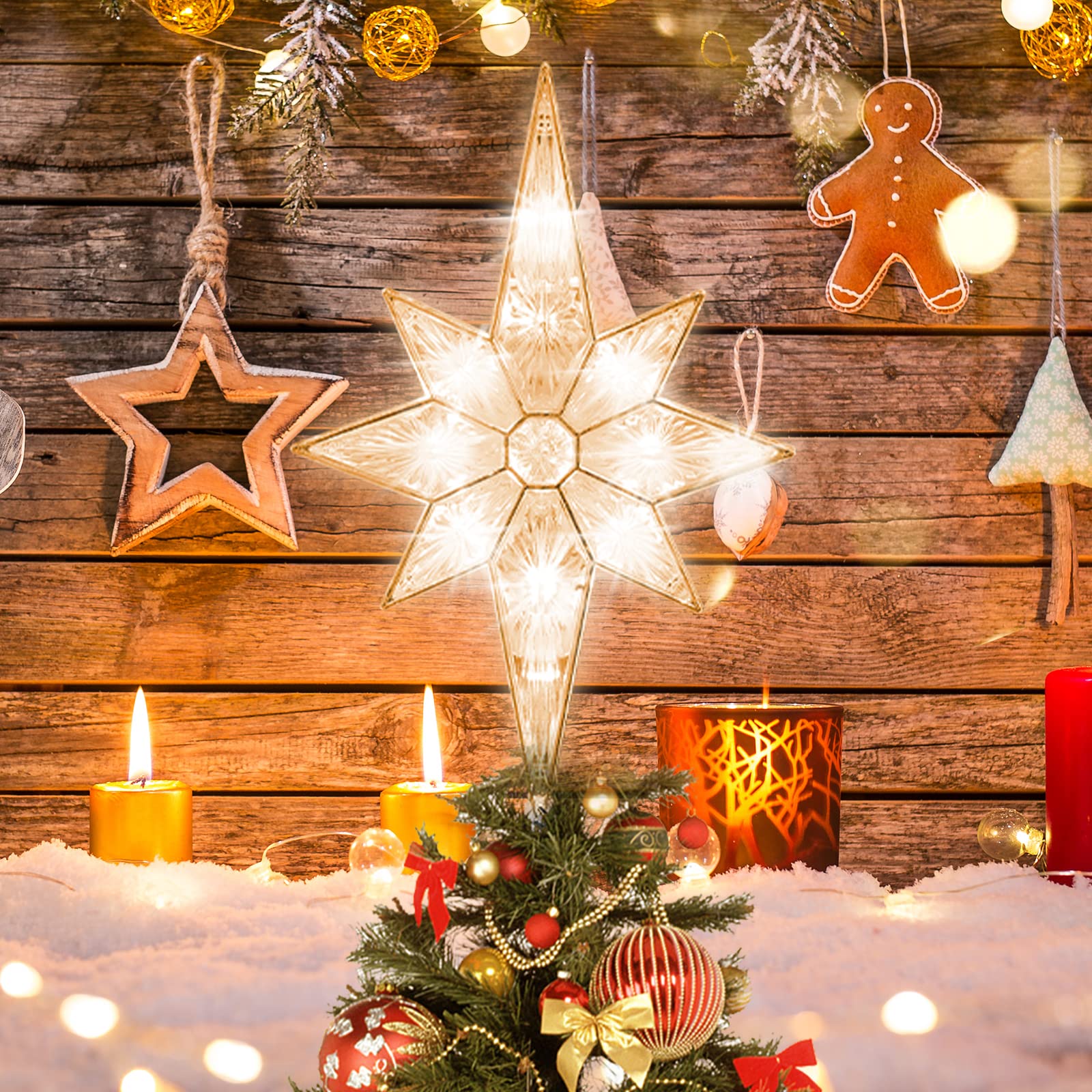 GLOWNOVA 12 11LED Lighted Christmas Tree Topper, Golden Bethlehem Star Treetop with Warm White Fairy Lights, Holiday Christmas T