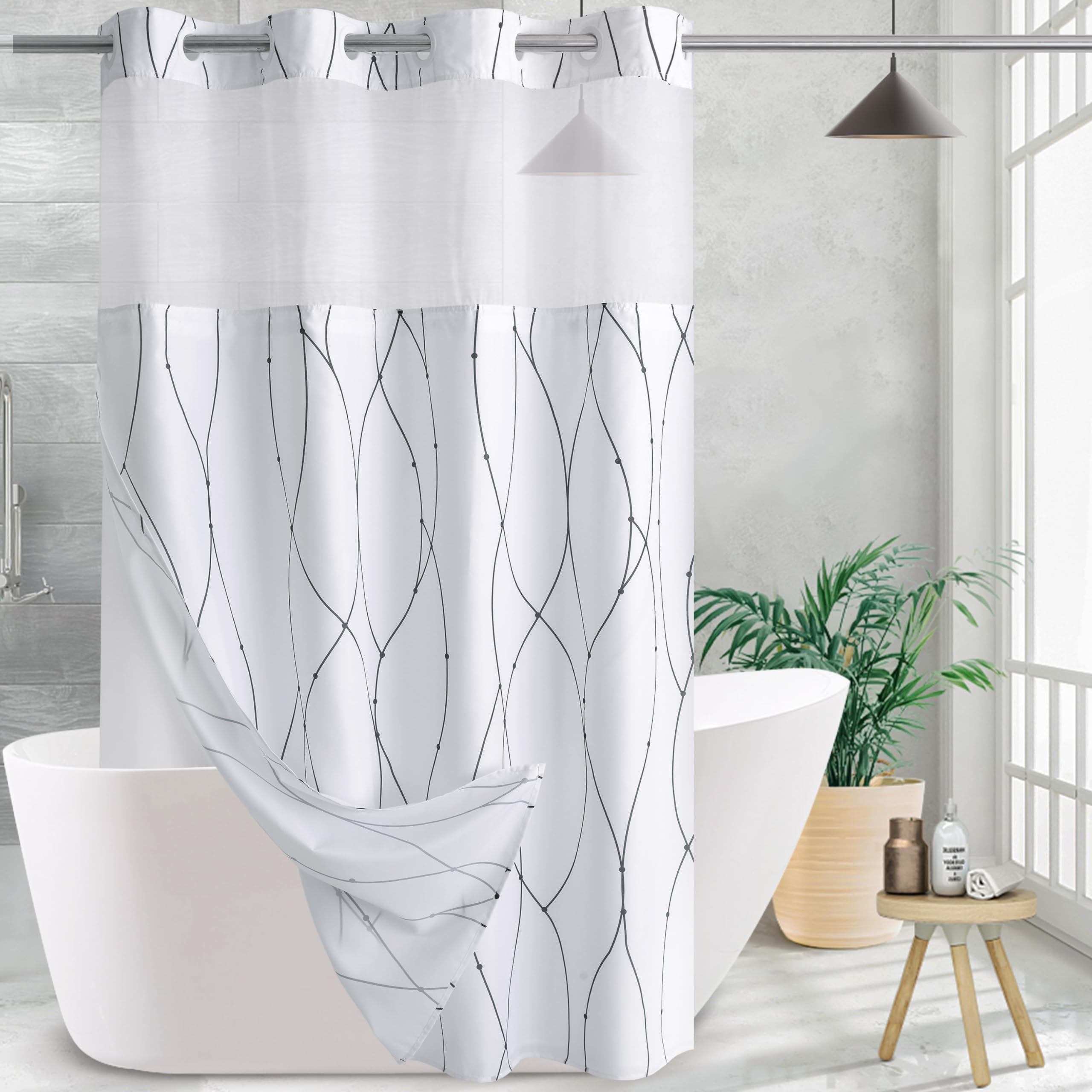 Konzent White Fabric Shower Curtain With Black Stripes With Snap In Removable Liner For Bathroom Bathtubs,Hotel Shower Curtain A