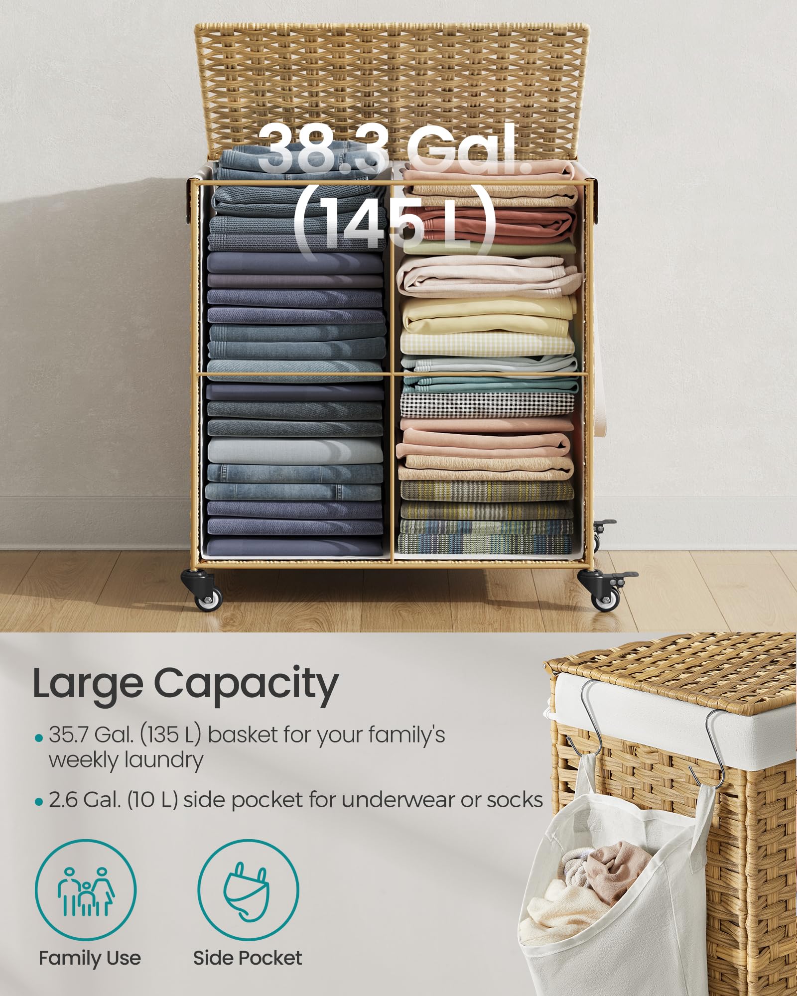 Songmics Laundry Hamper With Lid, 38.3 Gallons (145 L), Rolling Laundry Basket With Wheels, 2-Section Synthetic Rattan, Removabl