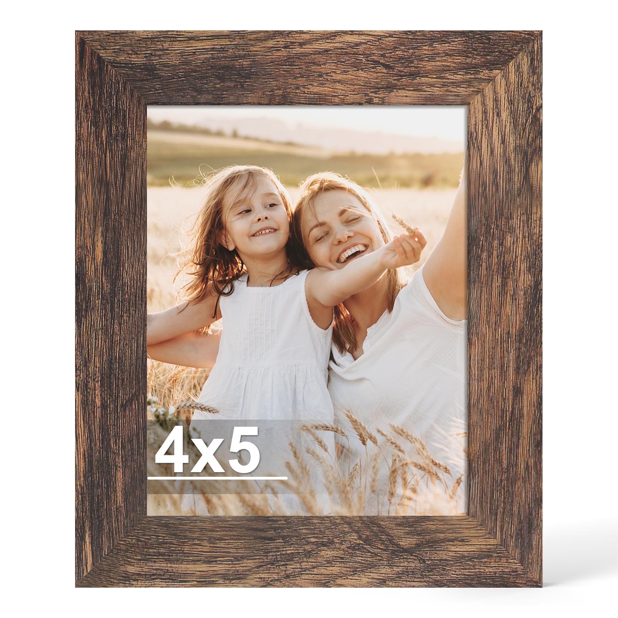 Hongkee 4x5 Picture Frame, Made of Real Glass and Wooden Frame, Horizontal and Vertical Display for Wall or Tabletop (Rustic Bro