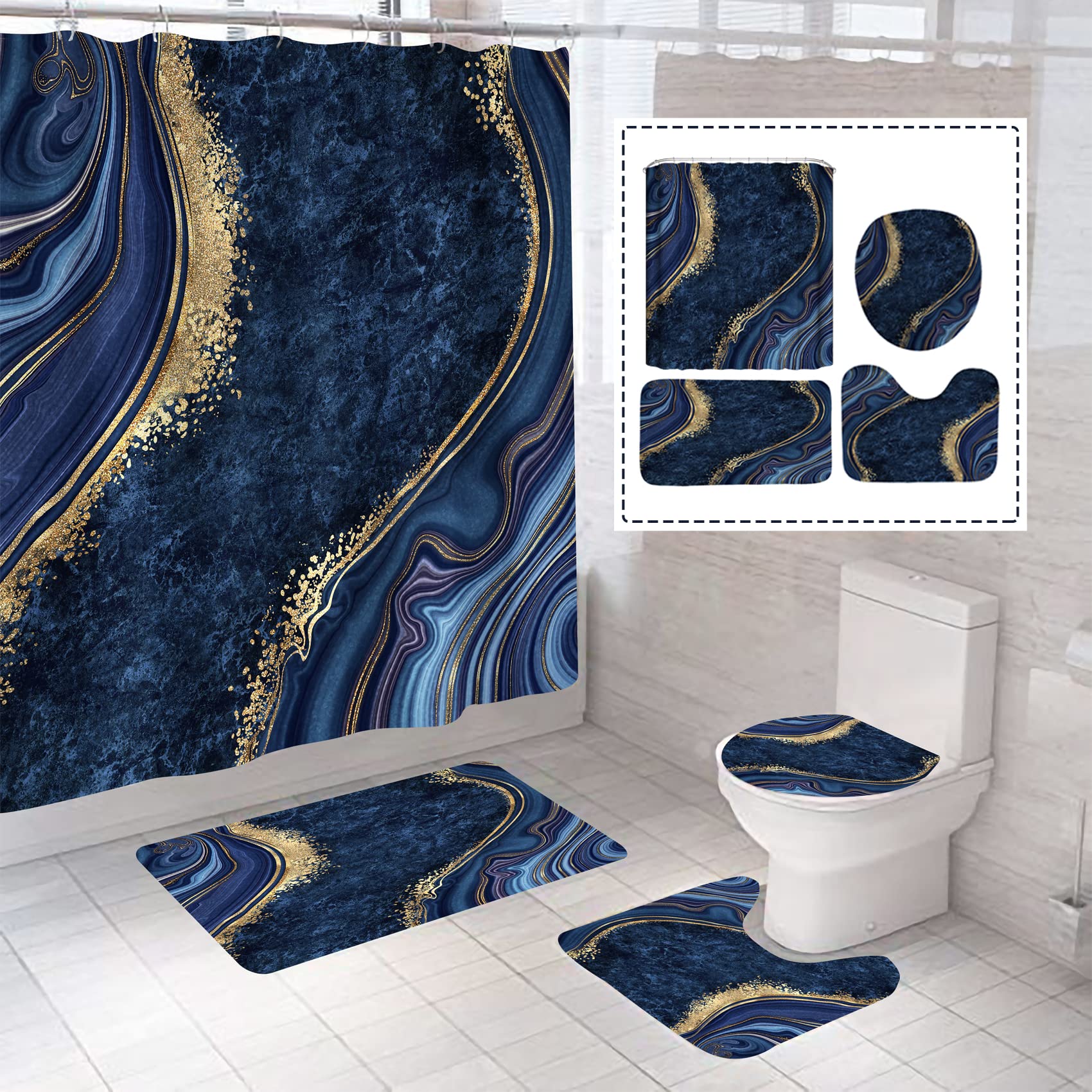 Beifivcl 4Pcs Luxury Marble Shower Curtain Sets, Bathroom Set With Shower Curtain,Toilet Lid Rug, Contour Mat And Bath Mat, Show