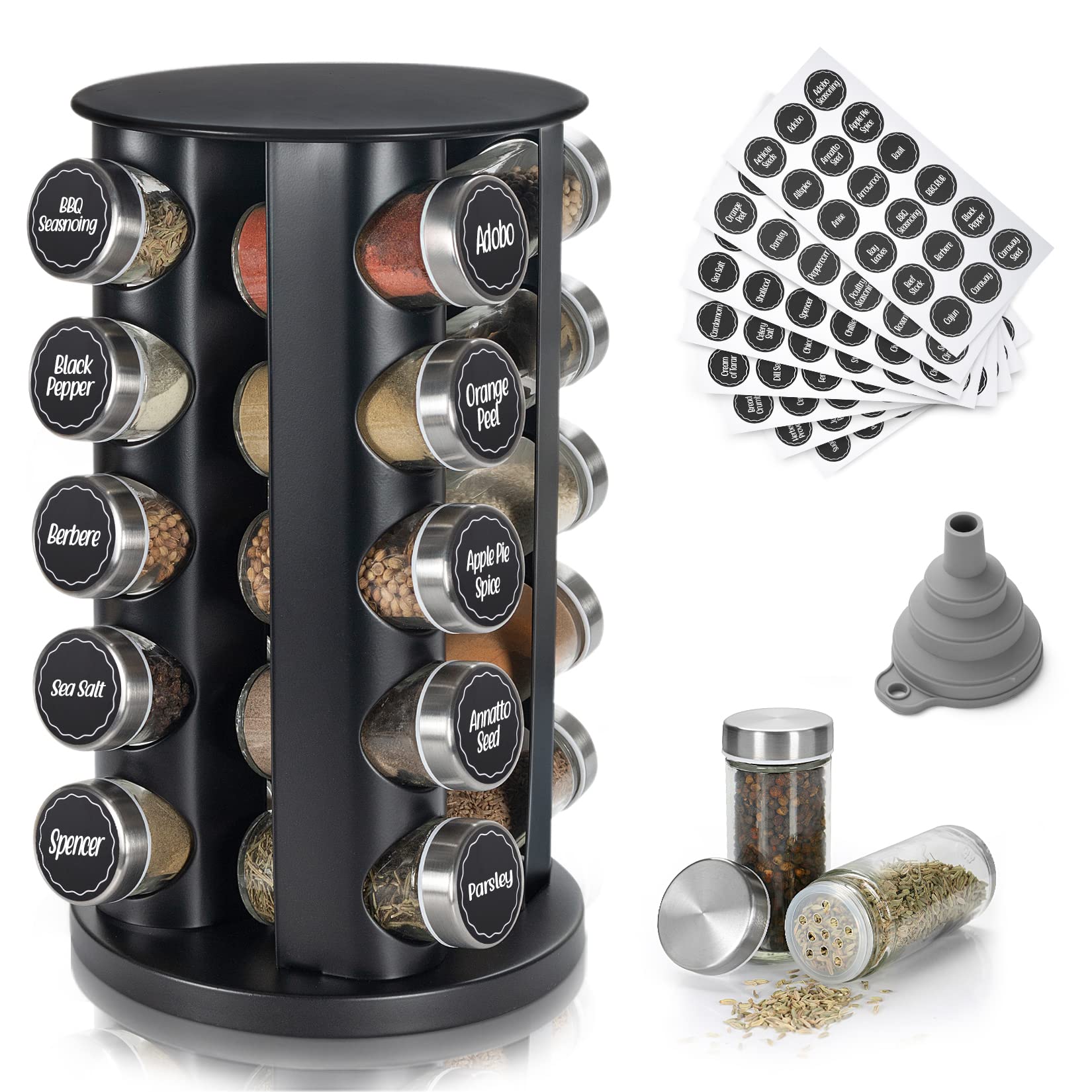 Black Countertop Revolving Spice Rack, Empty 20-Jars Rotating Spice Rack Organizer, Round Carousel Tower, 135 Spice Labels with 