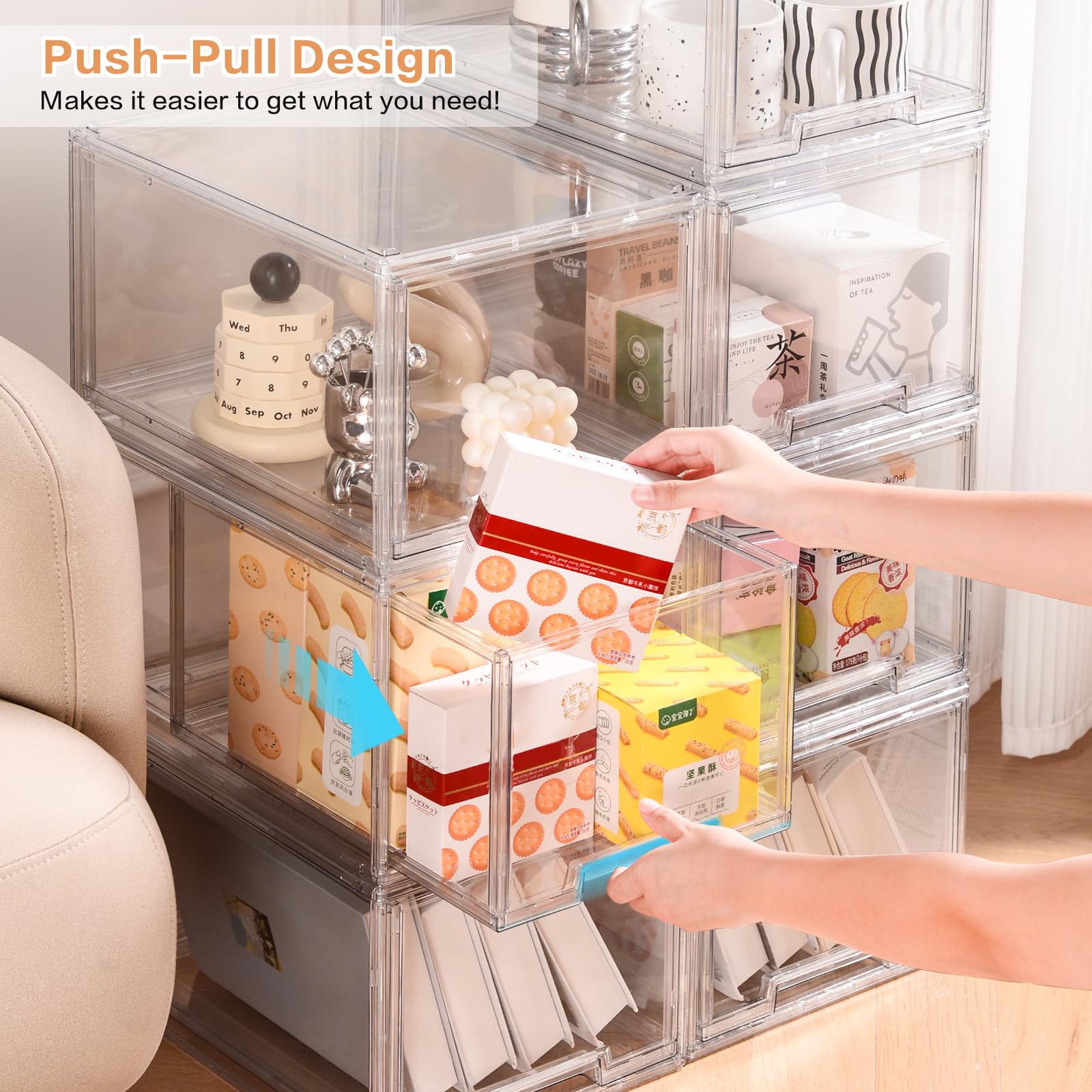 Dilibra 2 Packs Plastic Stackable Storage Organizer Bins With Pull Out Drawer, Large Clear Acrylic Storage Drawers Container Box