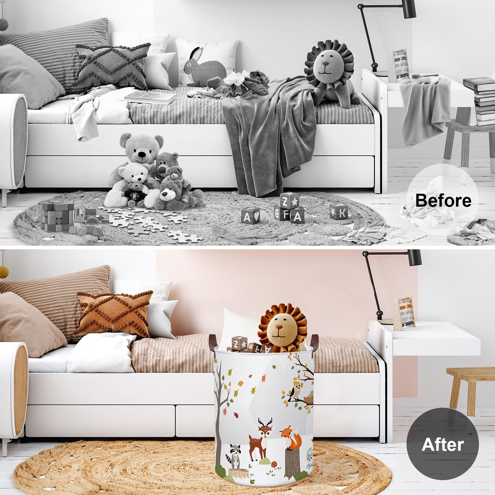 Clastyle 45L Woodland Animals Laundry Basket Collapsible Waterproof Forest Fox Storage Basket With Handle Kids Room Jungle Deer