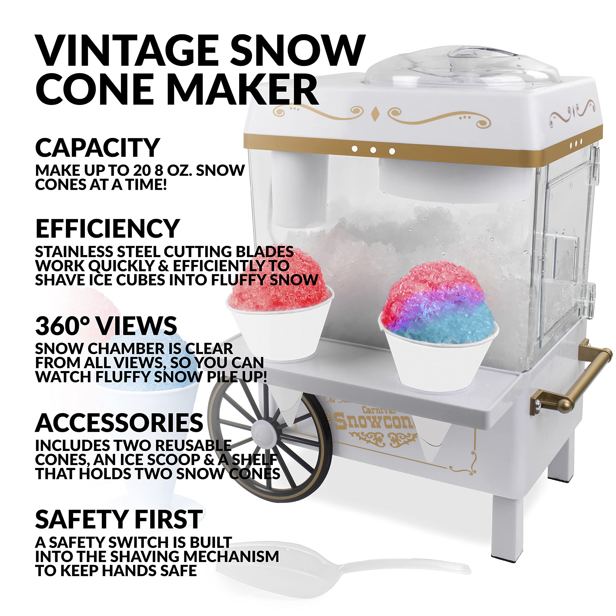 Nostalgia Vintage Countertop Snow Cone Machine - Slushie Machine - Shaved Ice Machine and Crushed Ice Maker - Makes 20 Icy Treats  Includes 2 Reusable Plastic Cups & Ice Scoop - White
