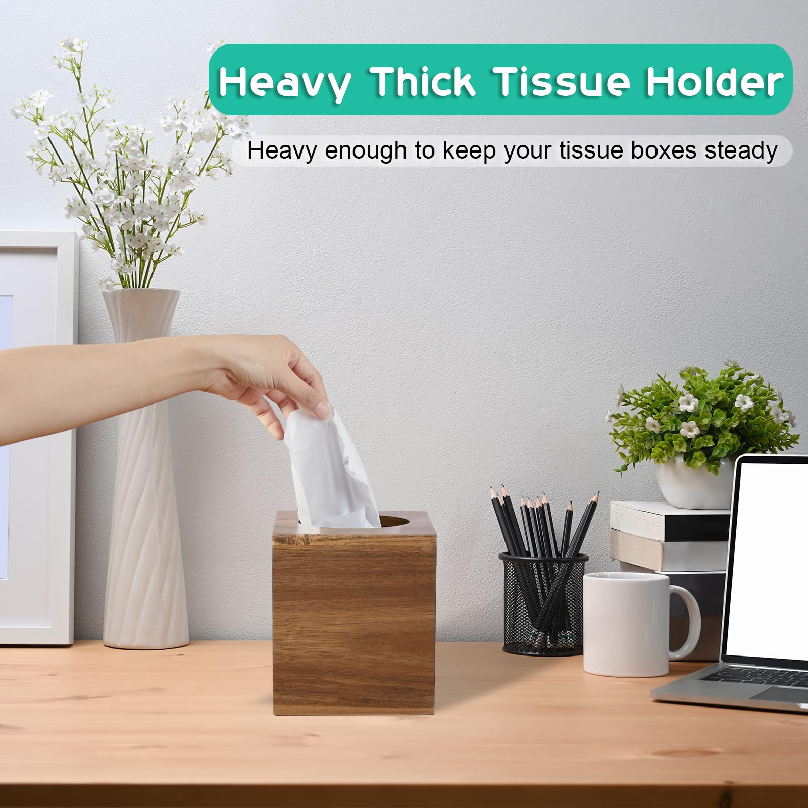 Alelion Tissue Box Cover Square - Acacia Wood Tissue Box Holder For Tabletop Night Stands Bathroom Office - Decorative Facial Cu