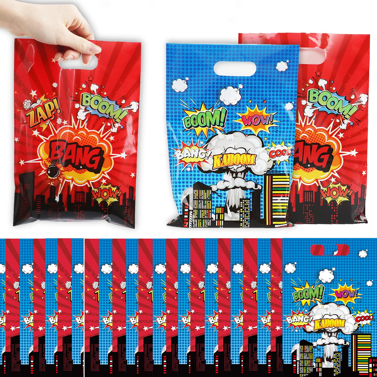 50 Pcs Super Theme Hero Party Favor Bags Hero Happy Birthday Goodie Bags Hero Action Sign Candy Treat Bags Durable Plastic Hero