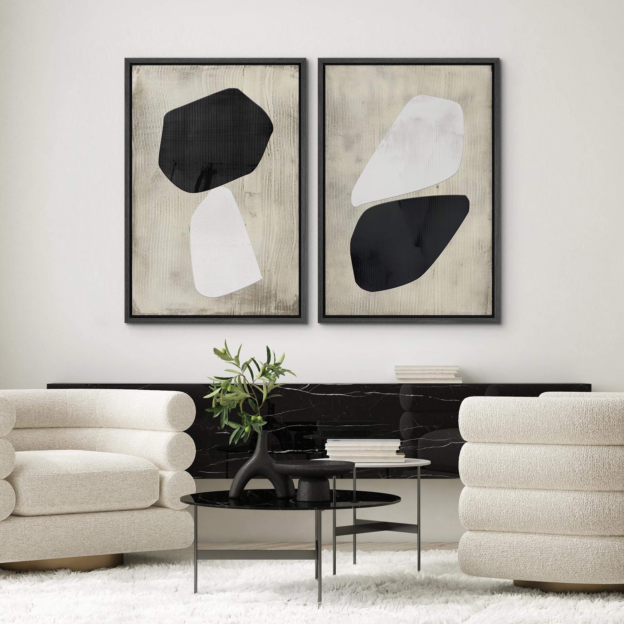 SIGNWIN Framed Canvas Print Wall Art Set Mid-Century Grunge Duotone Polygons Abstract Shapes Illustrations Minimal Decorative Nordic Zen Bohemian for Living Room  Bedroom  Office - 24''x36''x2 Black