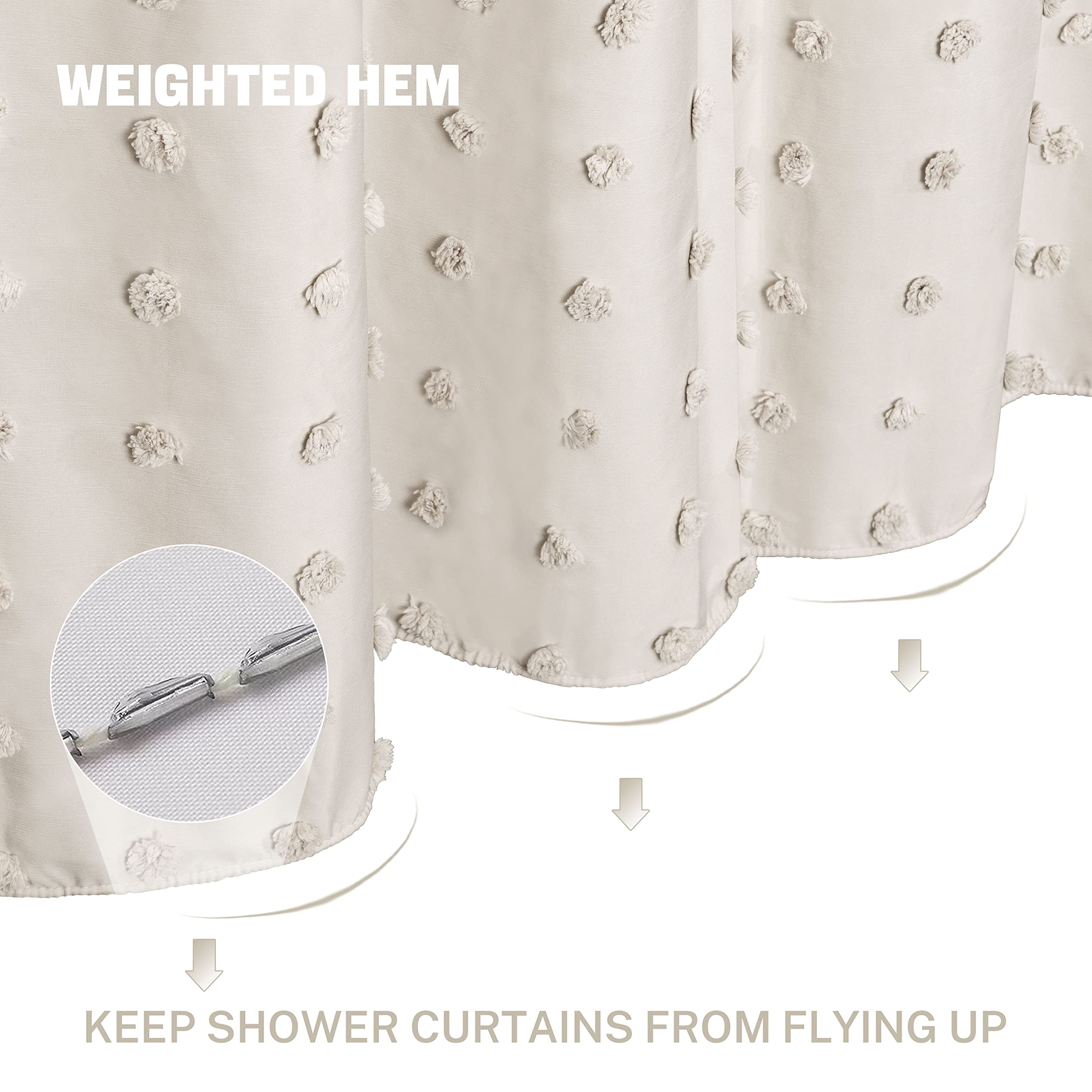 Siiluminisoy Extra Long Beige Boho Shower Curtain Woven Fabric Cute Shower Curtain, 72 X 96 Tufted Pleat Floral Puffs Textured M