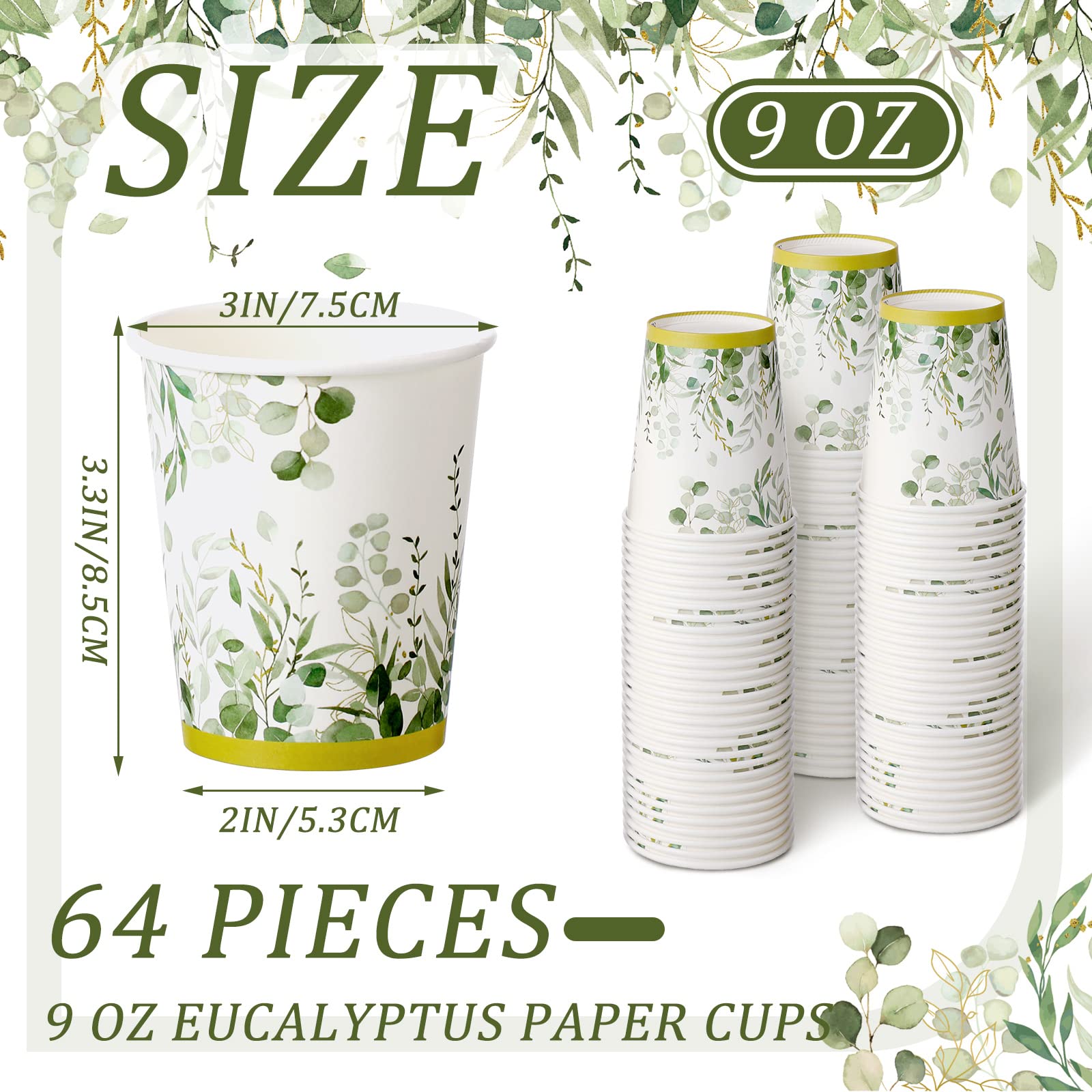 64 Pcs Eucalyptus Cups Greenery Paper Cup 9 Oz Disposable Coffee Paper Cups For Sage Green Party Decorations Bridal Shower Paper