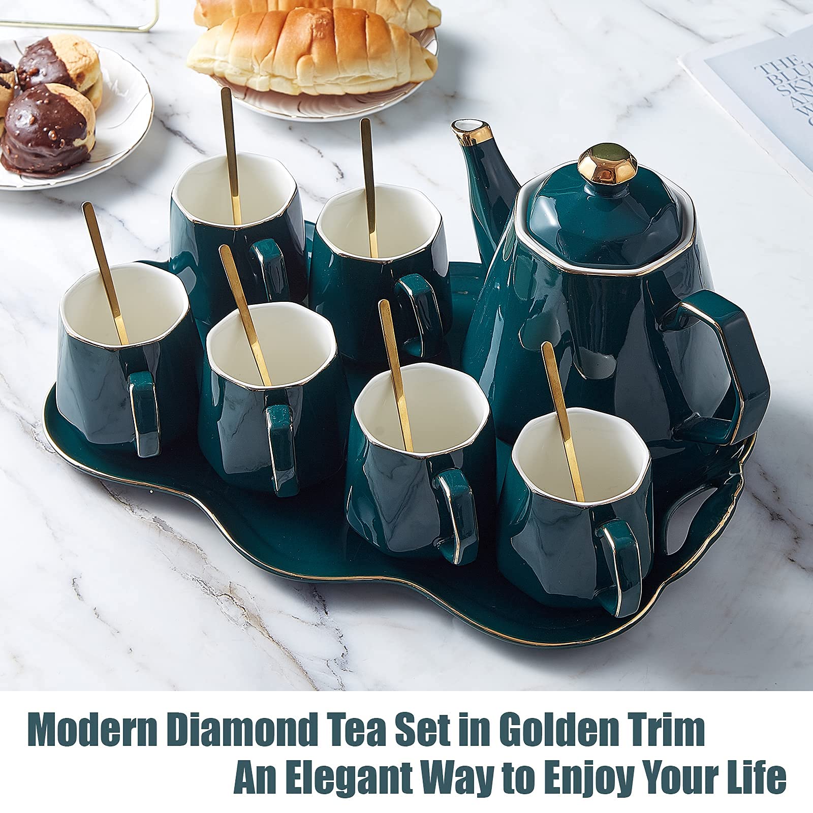 Dujust 14 Pcs Tea Set Of 6 With Tea Tray & Spoons, Modern Diamond Design Tea/Coffee Cup Set With Golden Trim, Chic Porcelain Liv